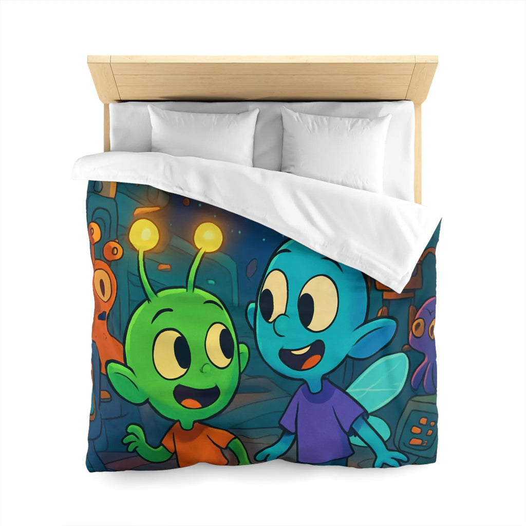 Housse de couette enfant extraterrestre bleu et vert dans vaisseau spatial coloré amusant