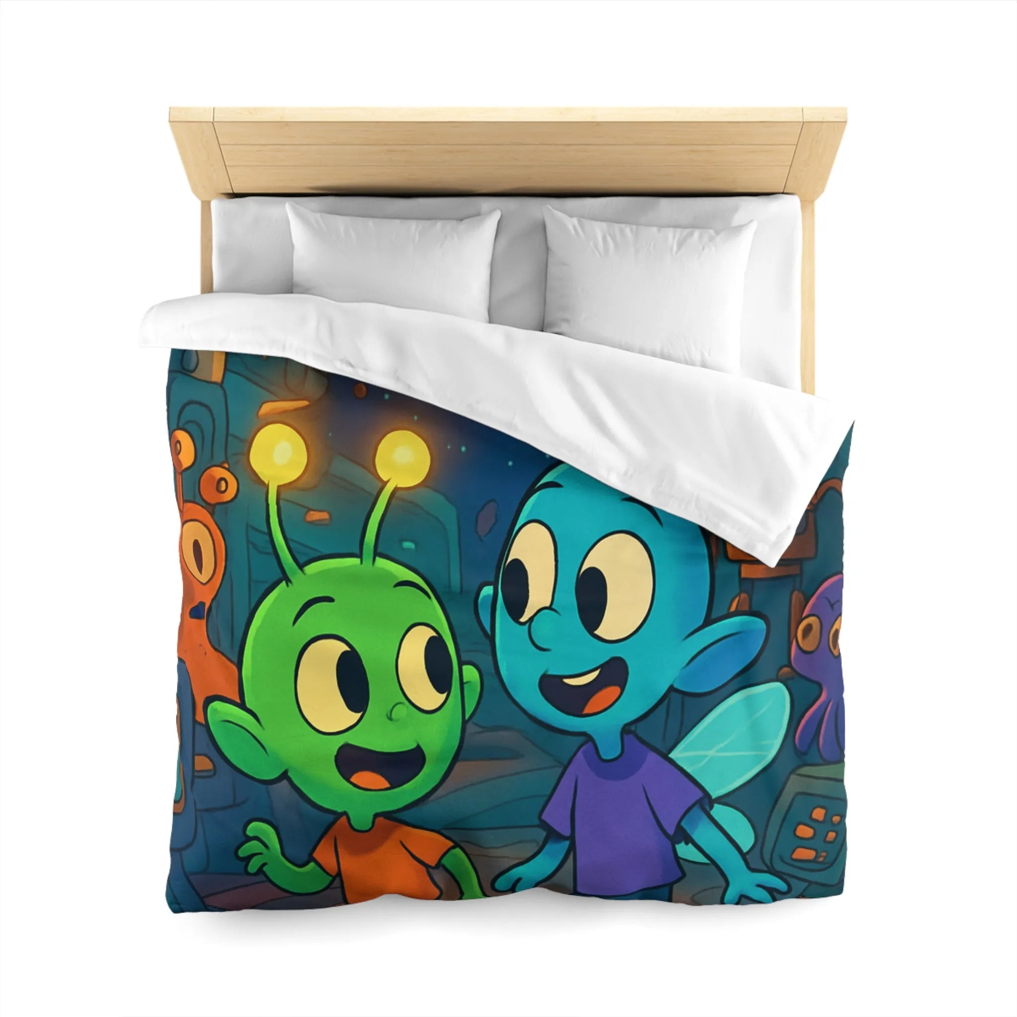 Housse de couette enfant extraterrestre bleu et vert dans vaisseau spatial coloré amusant