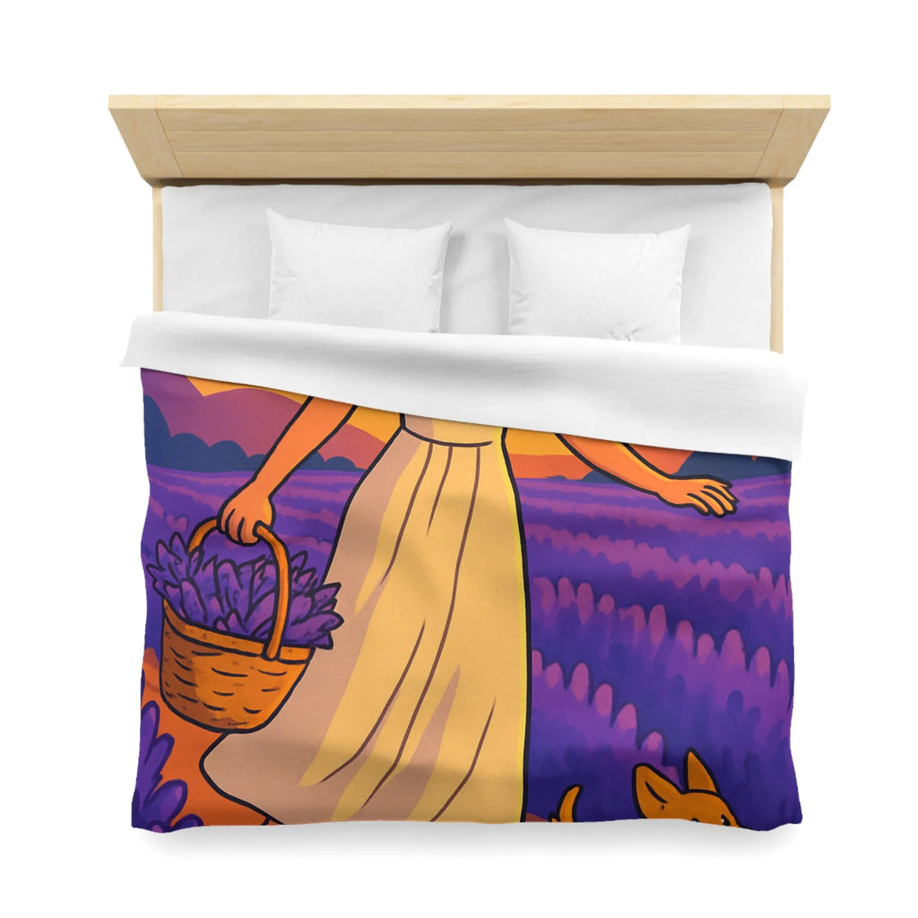 Housse de couette avec design fille et chien dans champ de lavande au coucher du soleil