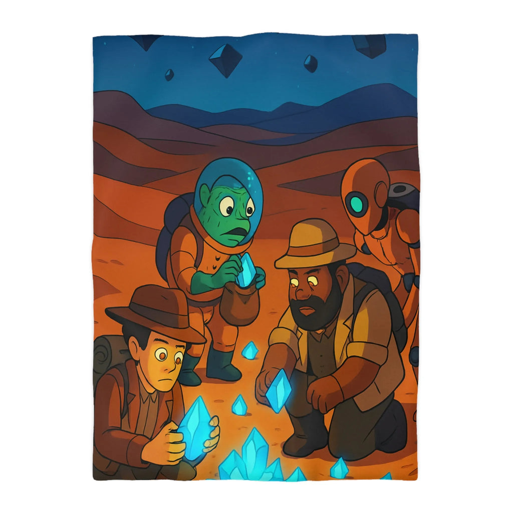 Exploration fascinante de cristaux mystérieux sur une planète désertique avec aventuriers et robot