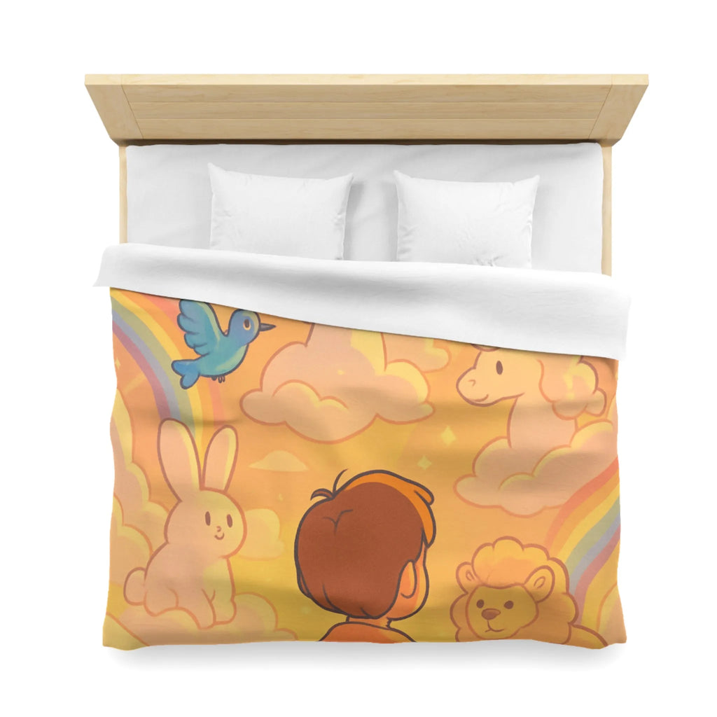 Housse de Couette Enfantine avec Licornes, Lapins et Oiseaux dans les Nuages Pastels