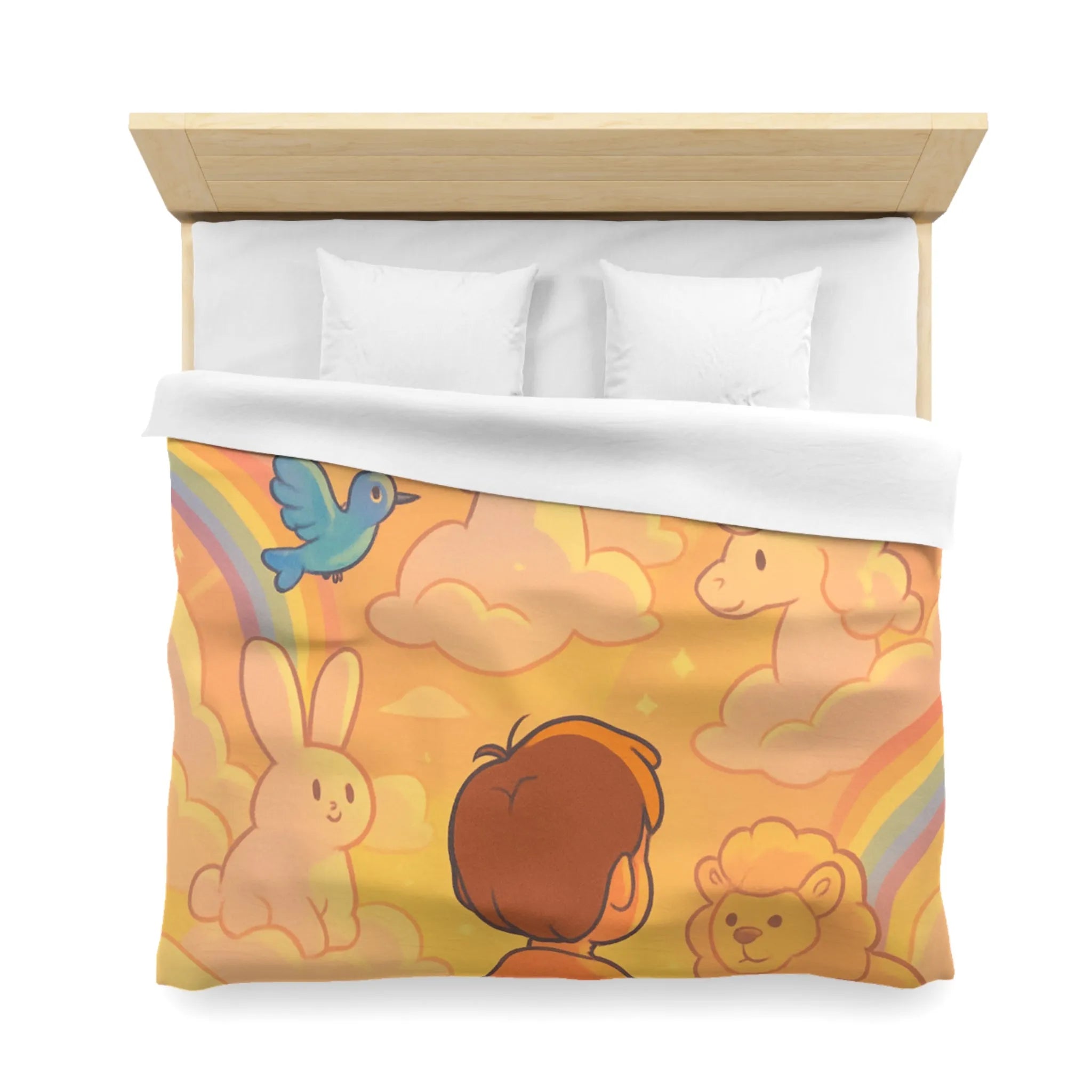 Housse de Couette Enfantine avec Licornes, Lapins et Oiseaux dans les Nuages Pastels