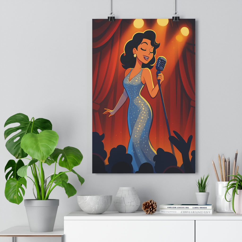 Poster décoratif chanteuse élégant rétro rouge jaune cartoon salon créatif ambiance vivante artiste scène