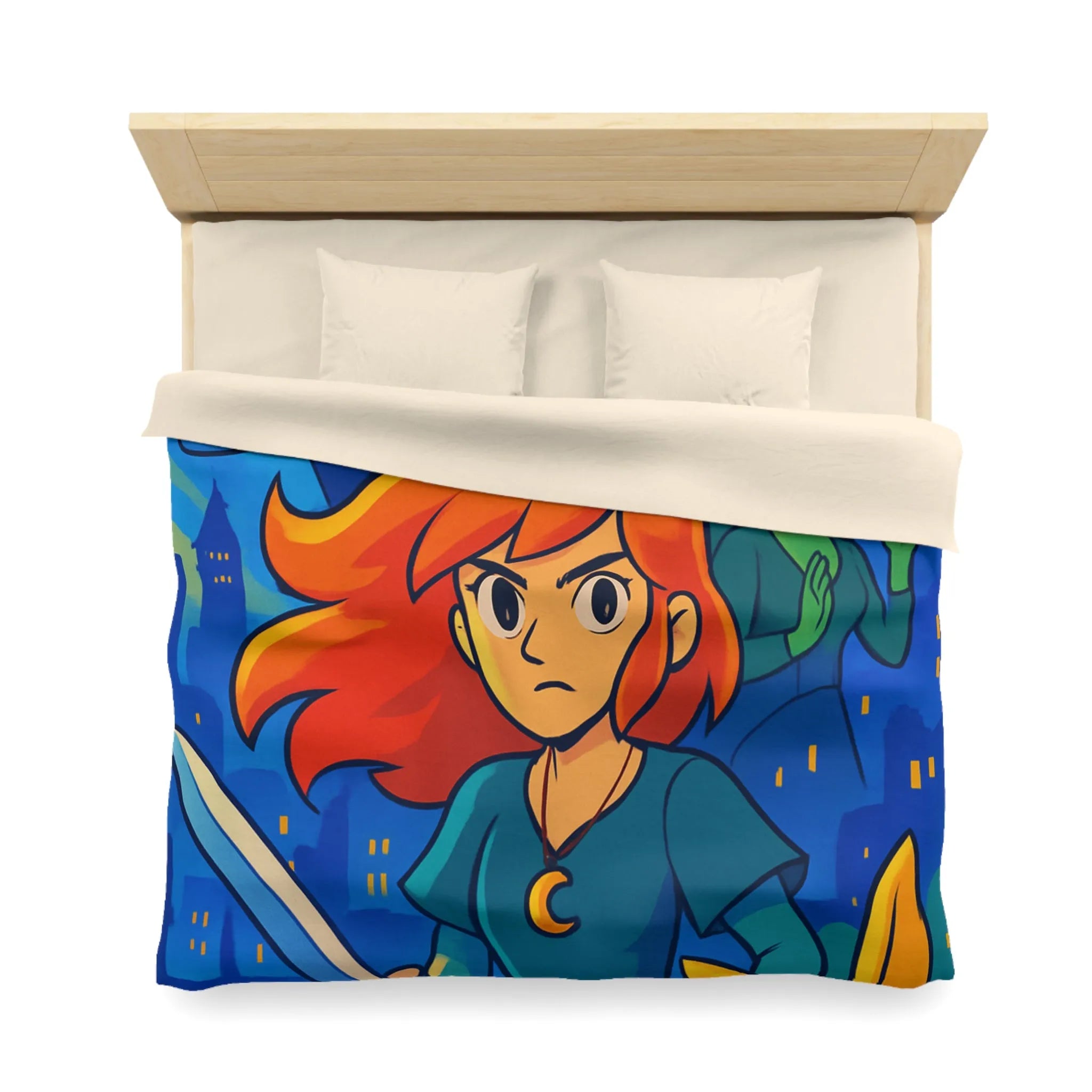 Housse de couette héroïque avec épée, ville nocturne et créatures fantastiques colorées