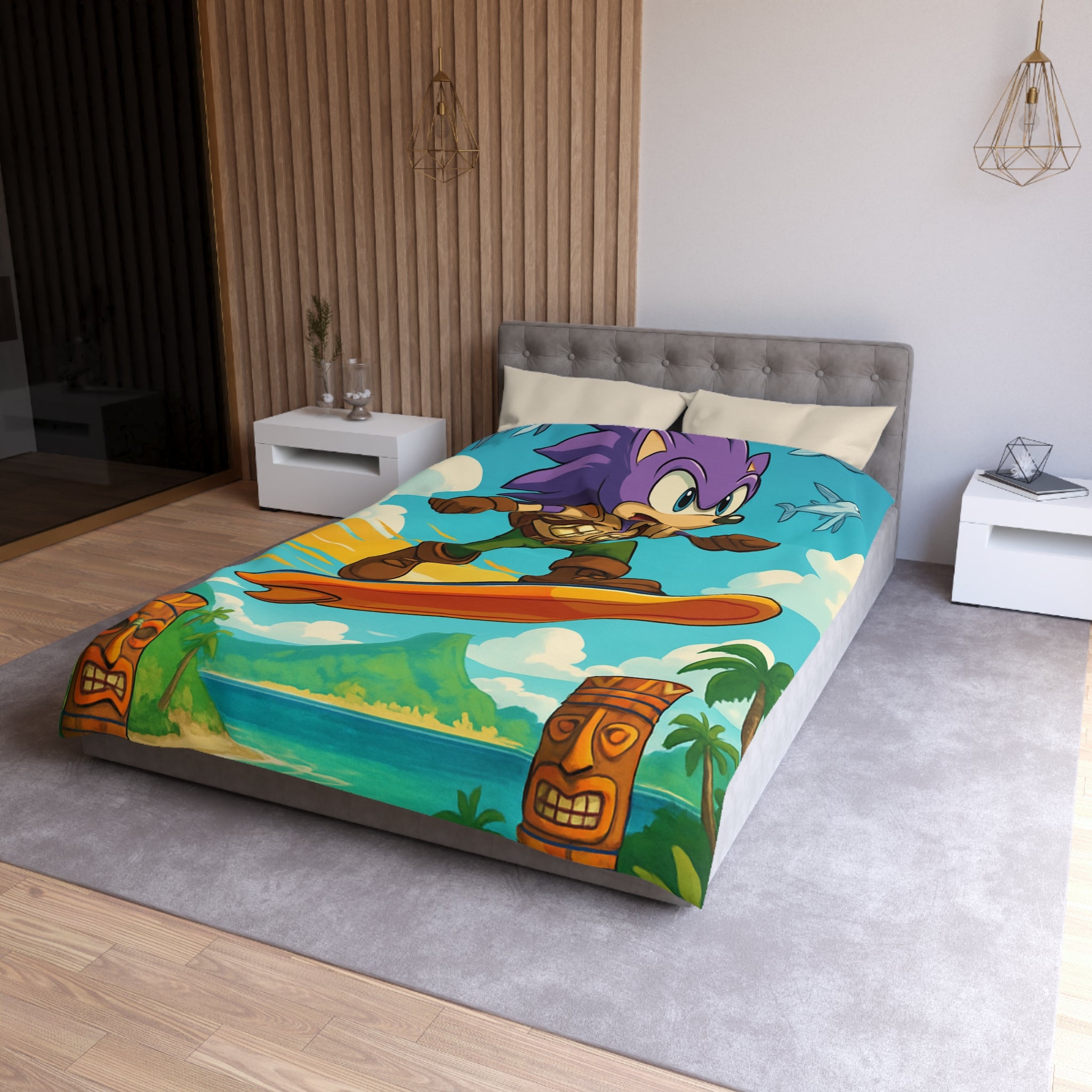 Housse de couette vibrante avec héros aventureux sur plage tropicale paradisiaque