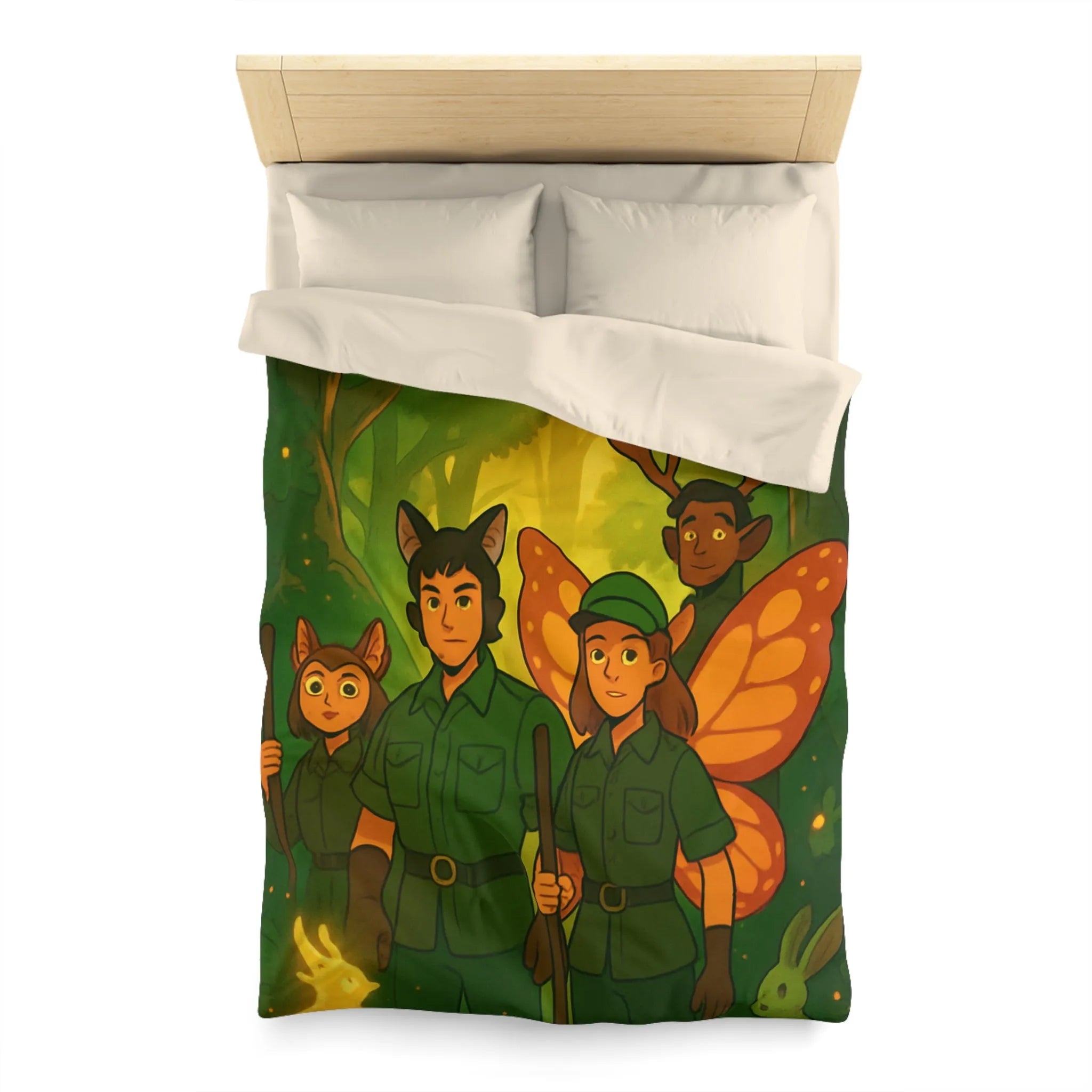 Housse de couette féerique avec gardiens de forêt, animaux magiques, ambiance verte et lumineuse