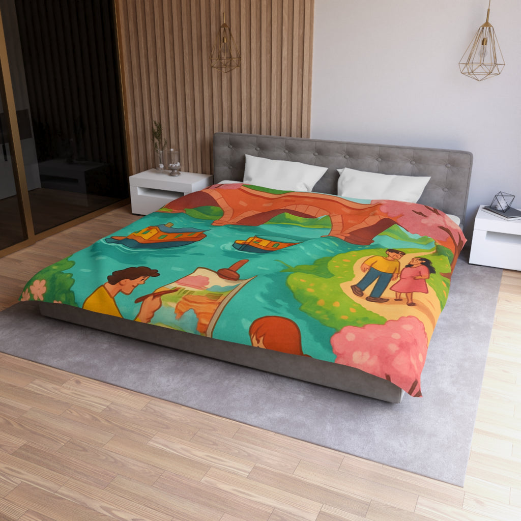 Housse de couette printemps campagne avec paysage pont, arbres en fleurs, artistes peignant