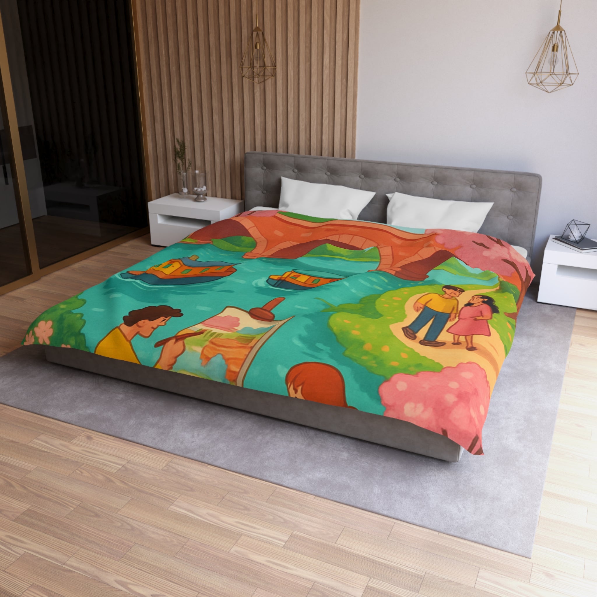 Housse de couette printemps campagne avec paysage pont, arbres en fleurs, artistes peignant