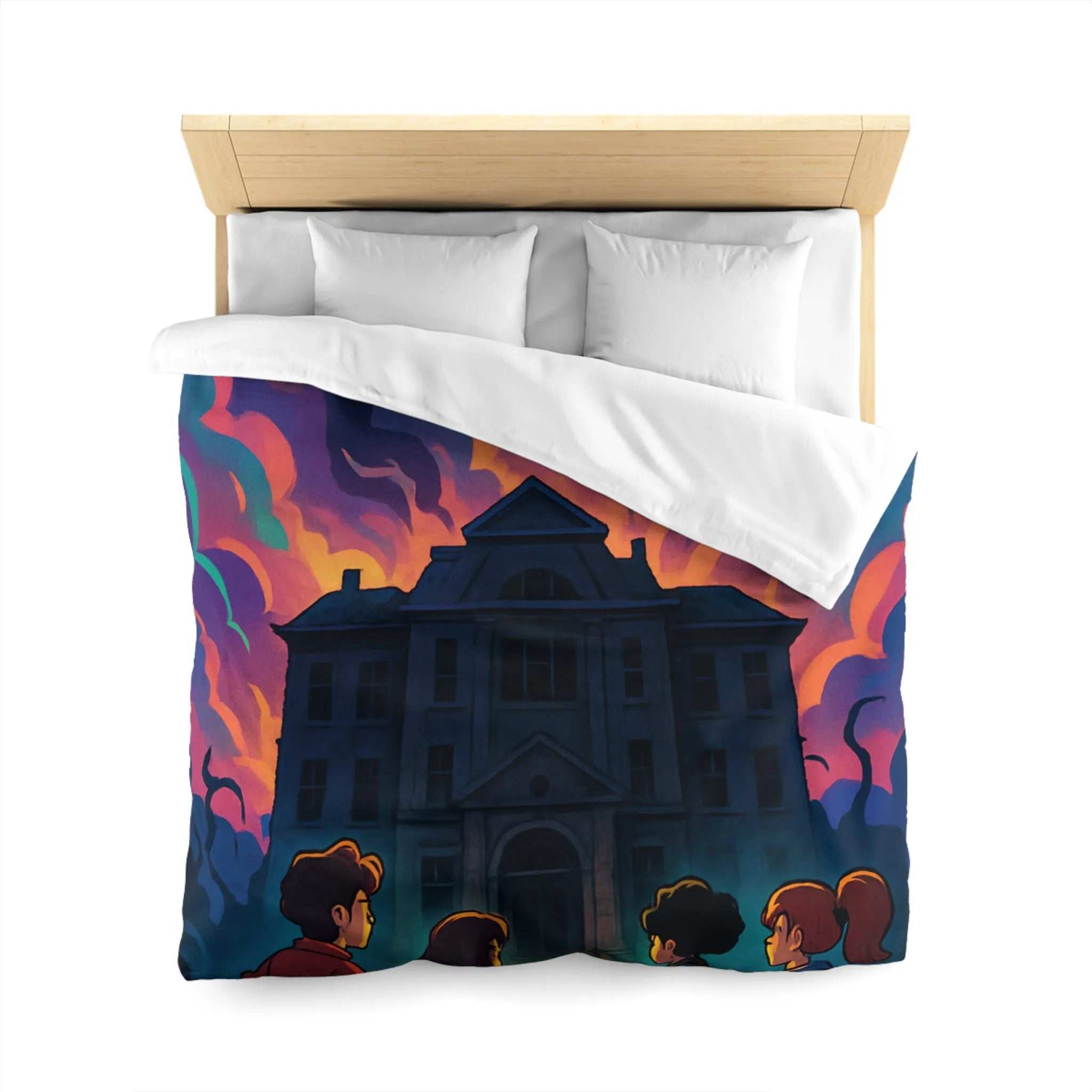 Housse de couette colorée avec maison hantée et nuages effrayants pour chambre inspirée