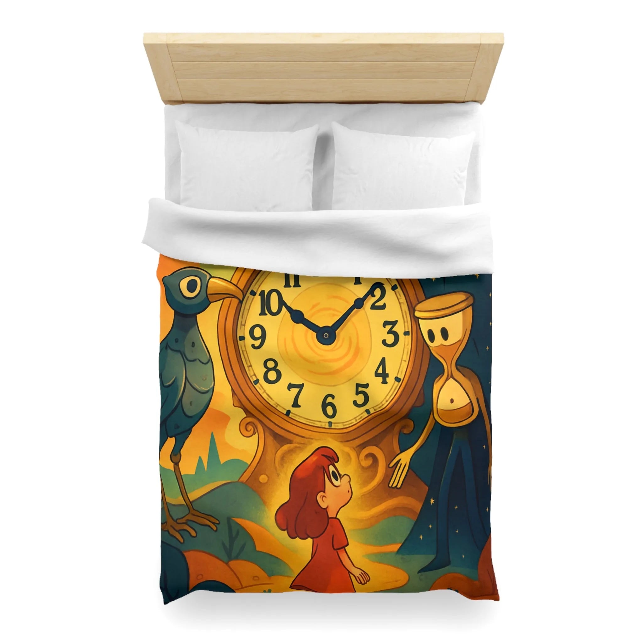 Housse de couette fantastique avec horloge magique et personnages mystérieux en illustration onirique