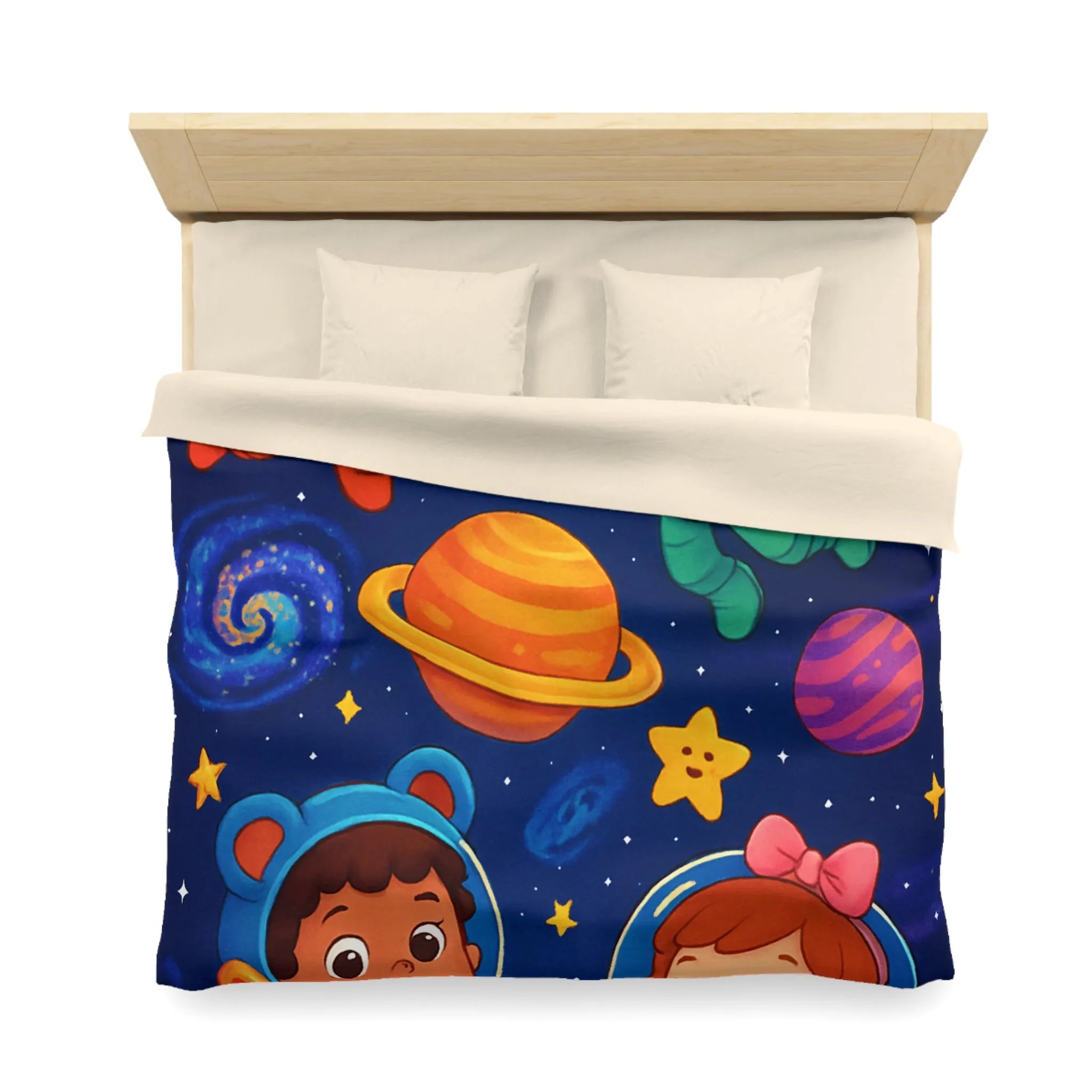 Housse de Couette Enfant : Aventure Cosmique avec Astronautes et Étoiles Colorées Stylisées