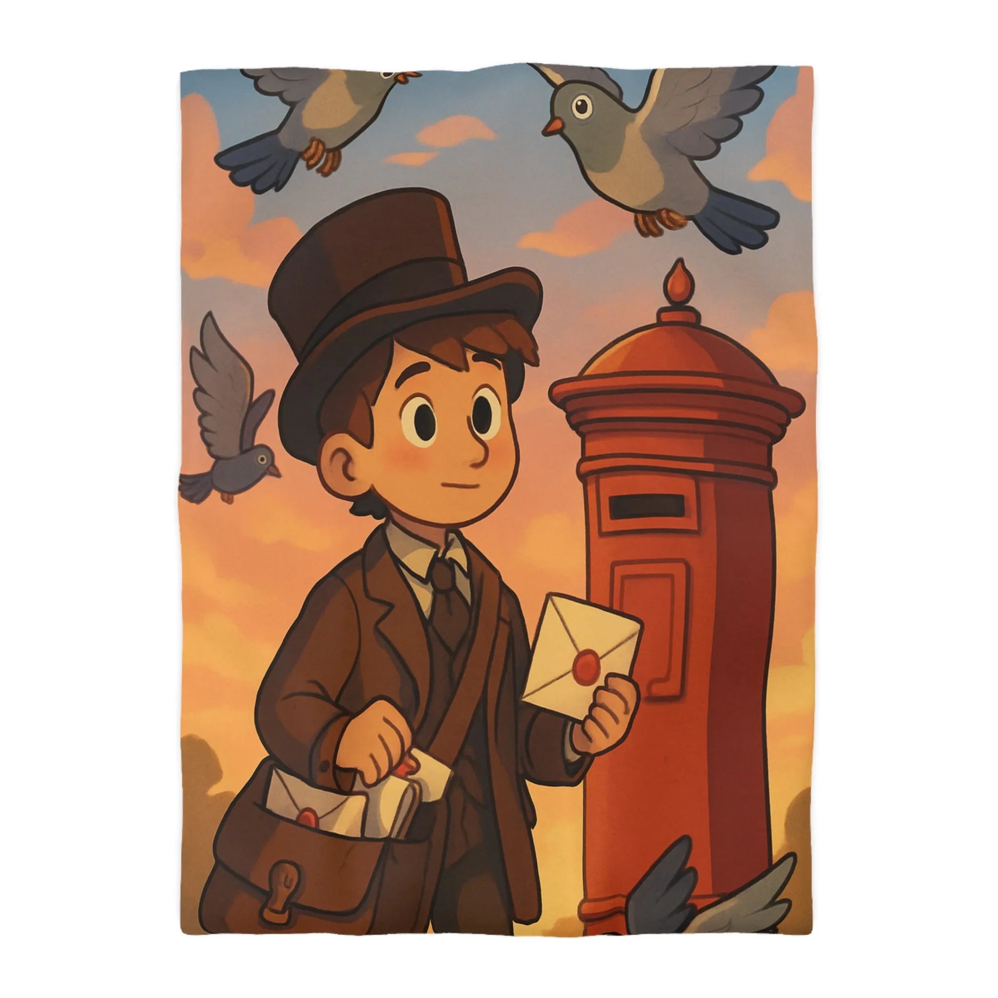 Housse de couette illustrée avec poste vintage et pigeons dans ciel au coucher du soleil