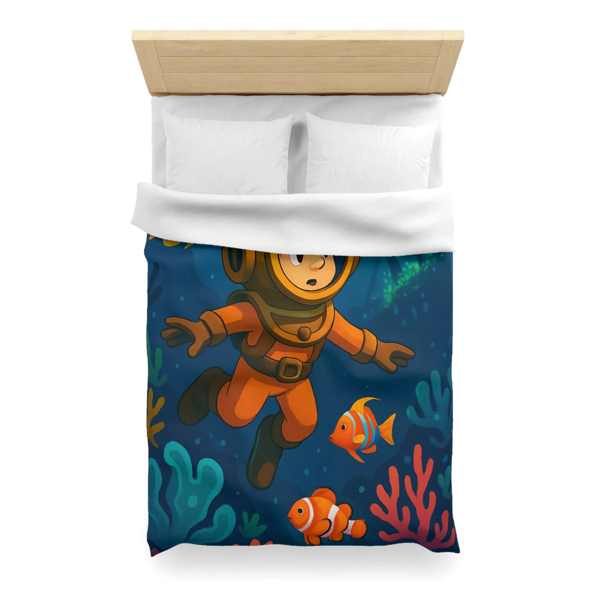Housse de couette colorée enfant : plongeur sous-marin, poissons tropicaux et épave mystérieuse