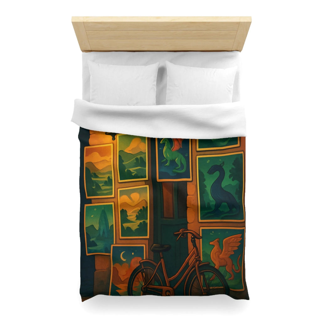 Housse de couette artistique avec dragons mythiques et paysage nocturne, ambiance mystérieuse