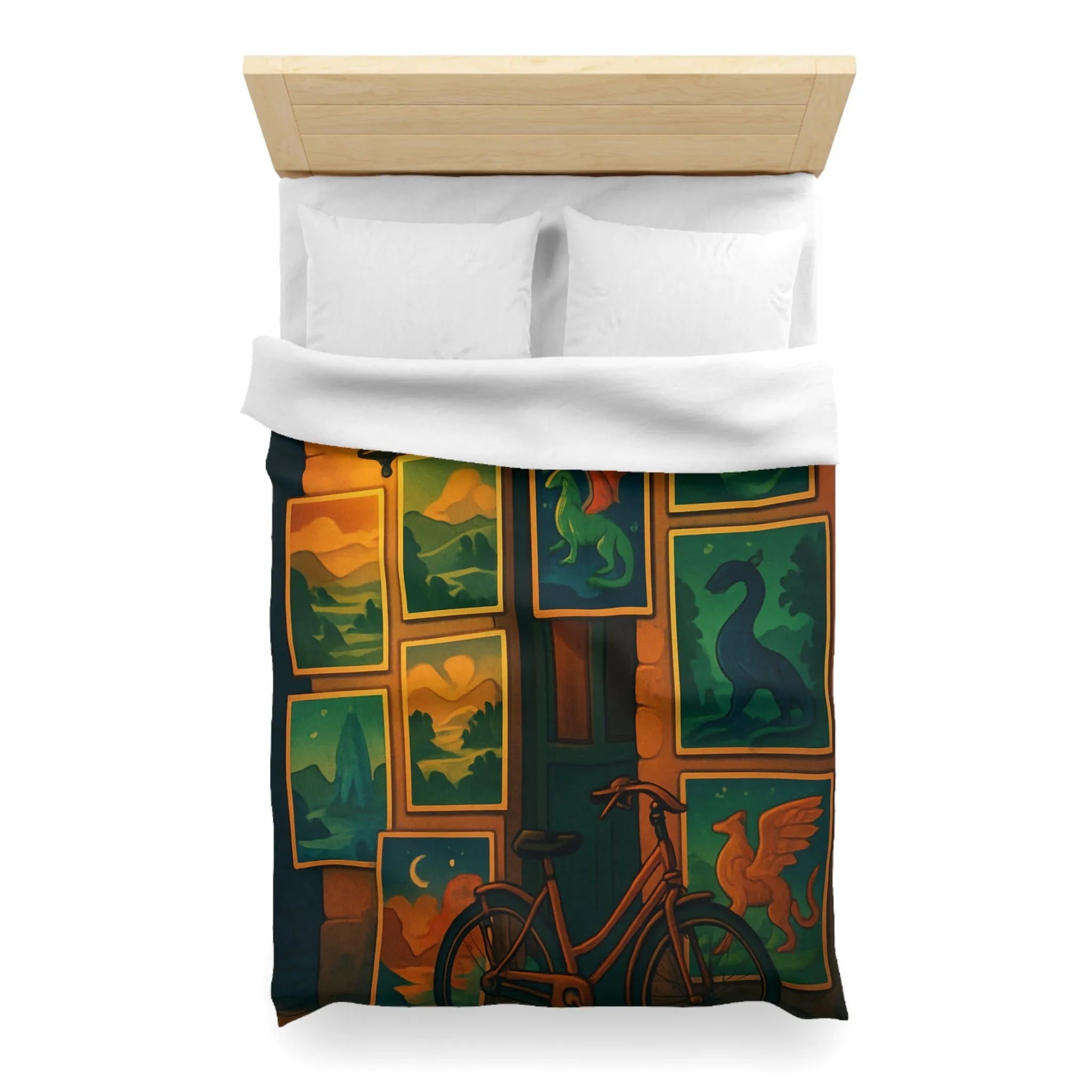 Housse de couette artistique avec dragons mythiques et paysage nocturne, ambiance mystérieuse