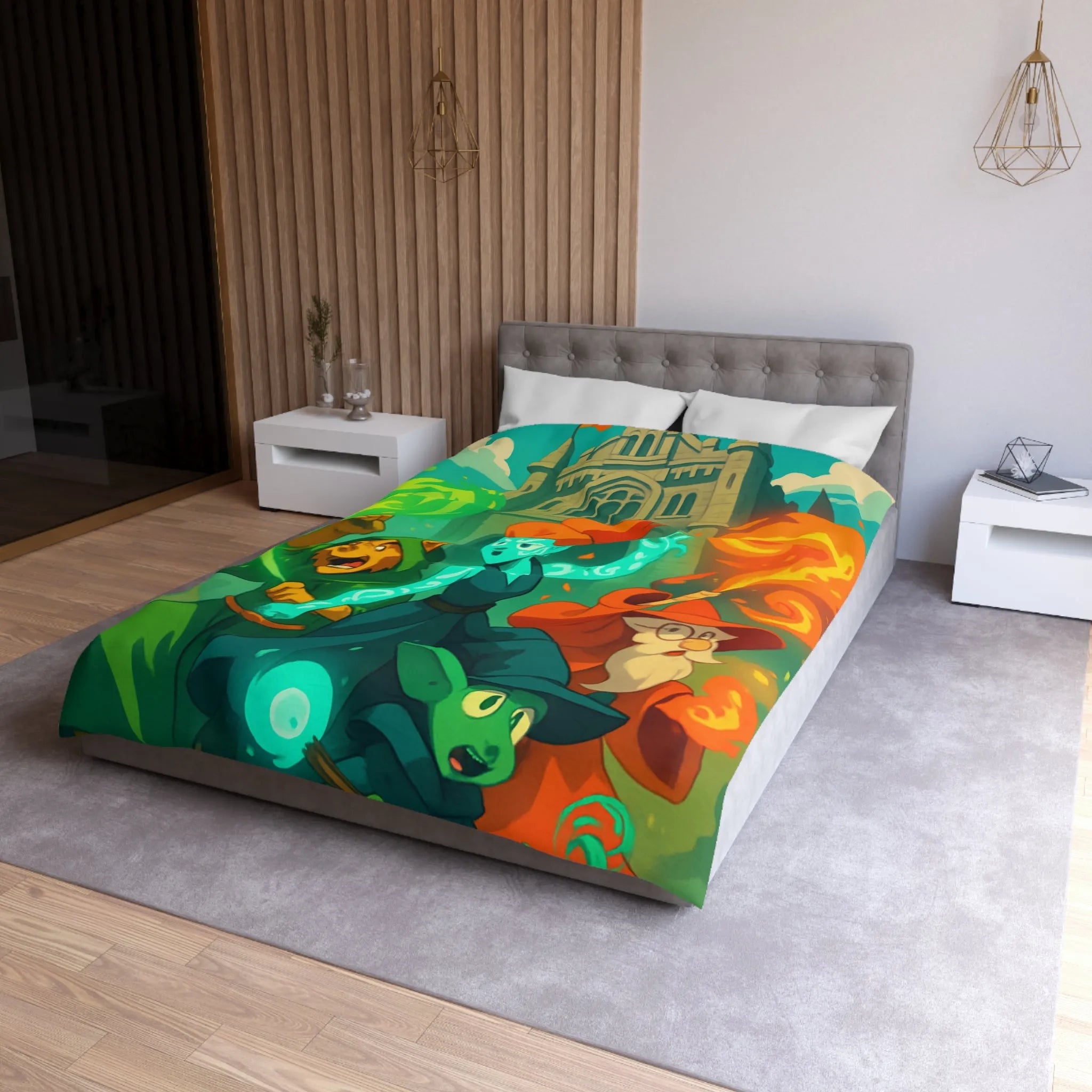 Housse de couette magique pour enfant avec personnages et château, ambiance féérique animée