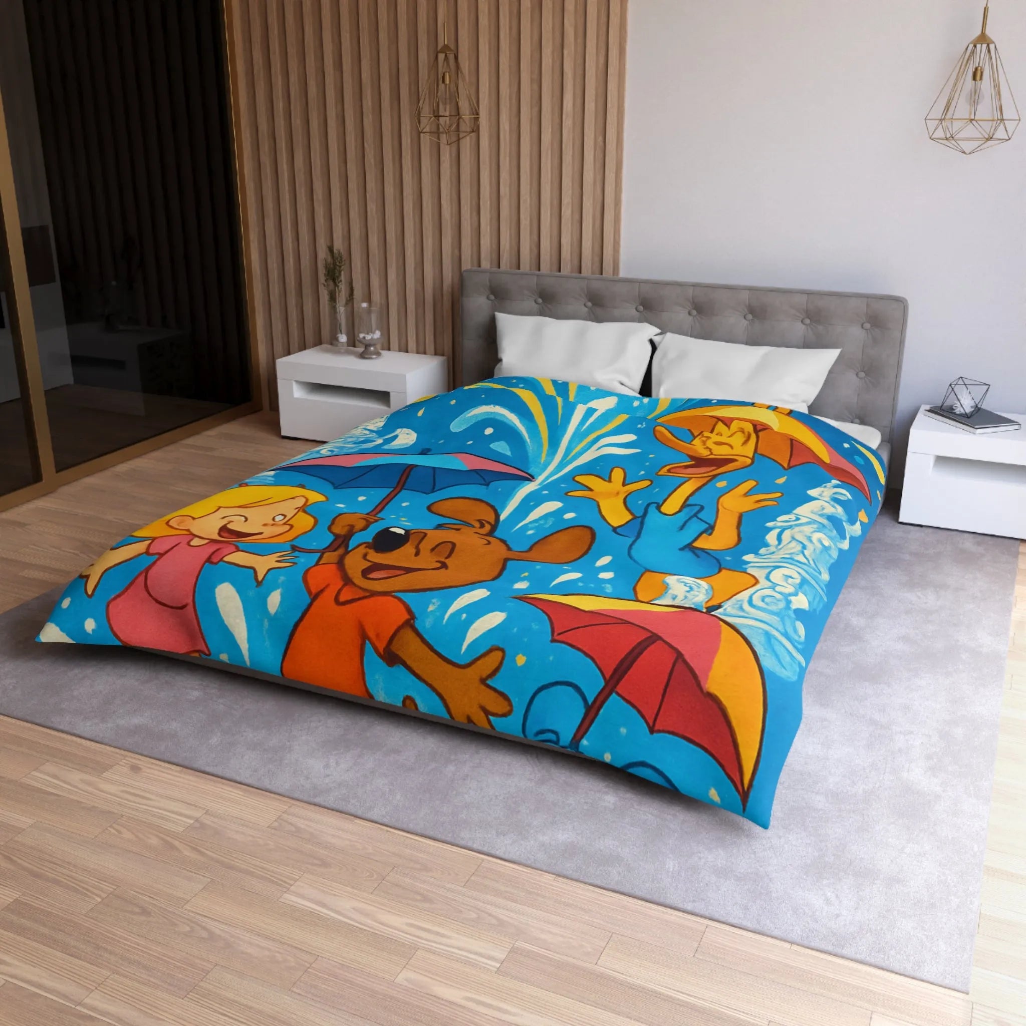 Housse de couette joyeuse avec animaux et enfants sous feux d'artifice colorés