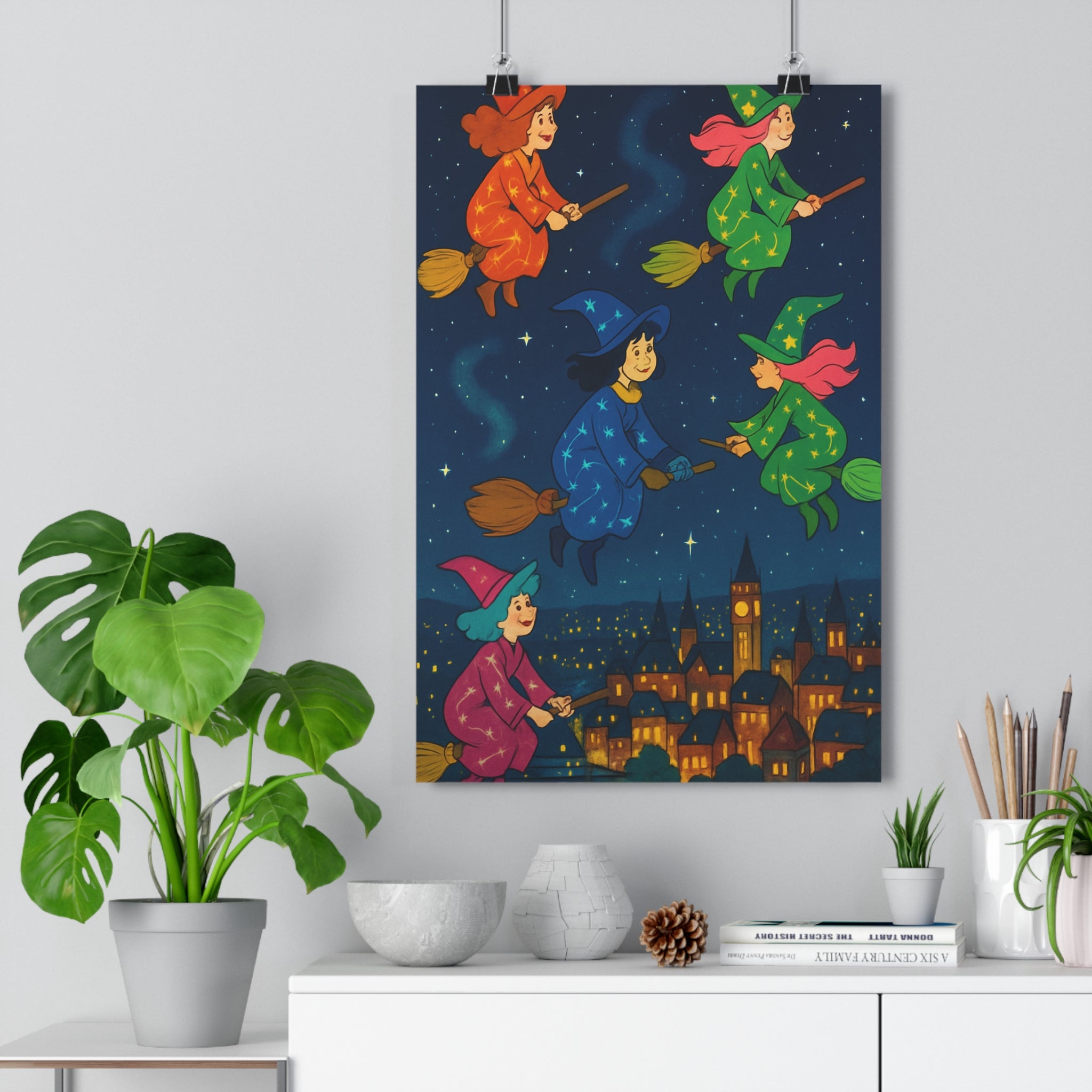 Poster décoratif magique sorcières volantes ciel étoilé mystique enfant chambre 30x46 ambiance colorée cosmique