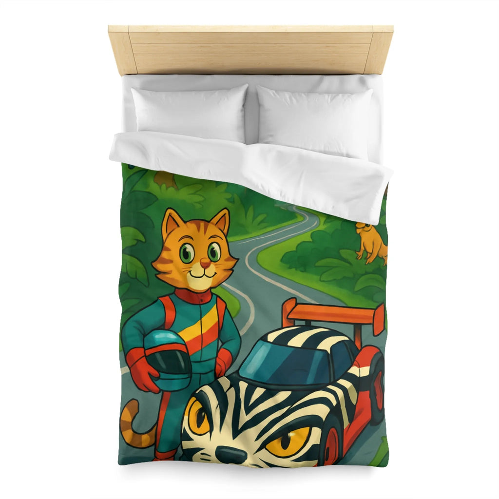 Housse de couette illustrée avec pilote chat, voiture zébrée et jungle luxuriante