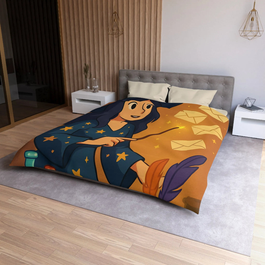 Housse de couette magique avec apprentie sorcière, quill et enveloppes flottantes animées