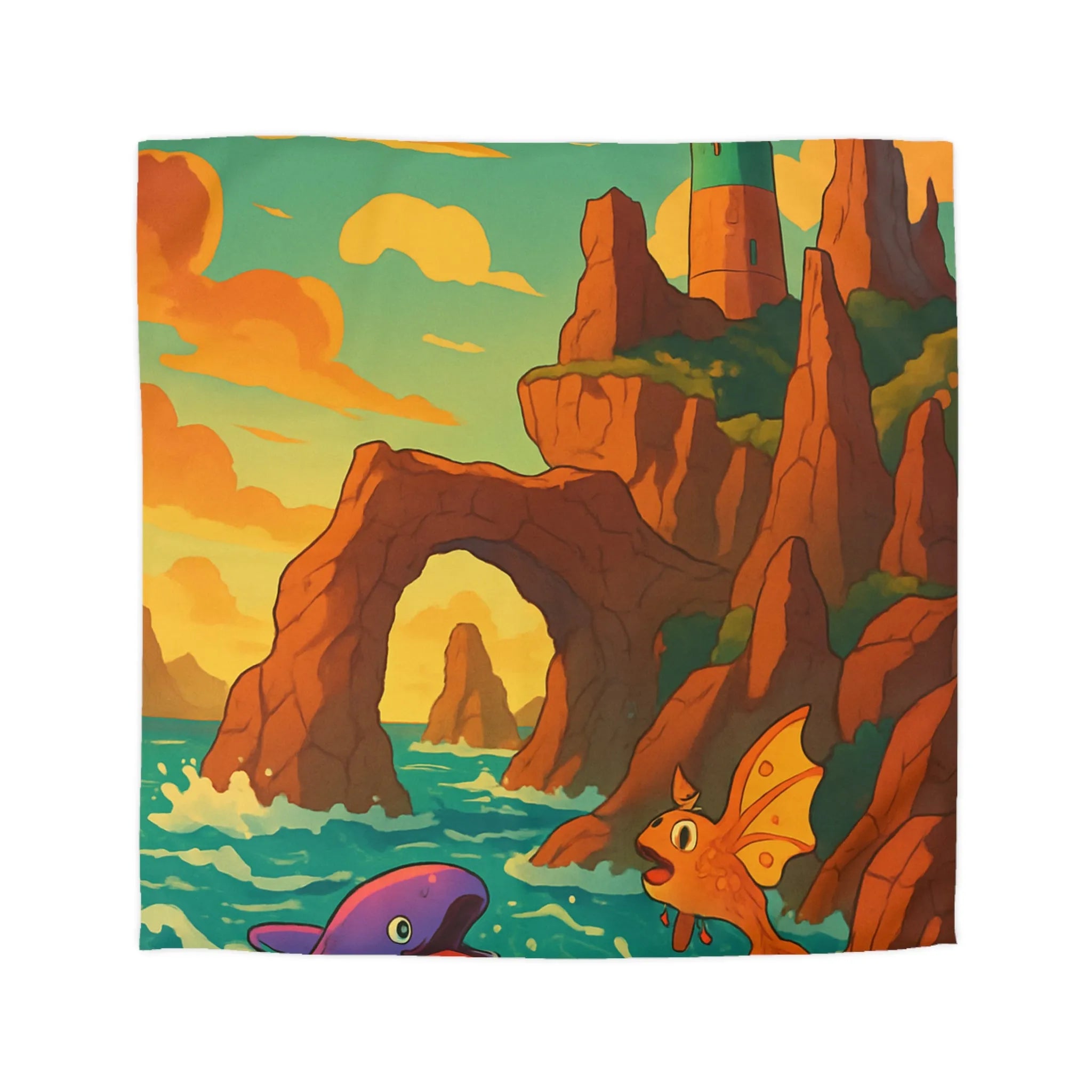Fantastique peinture de poissons et dauphin avec phare sur fond de mer colorée
