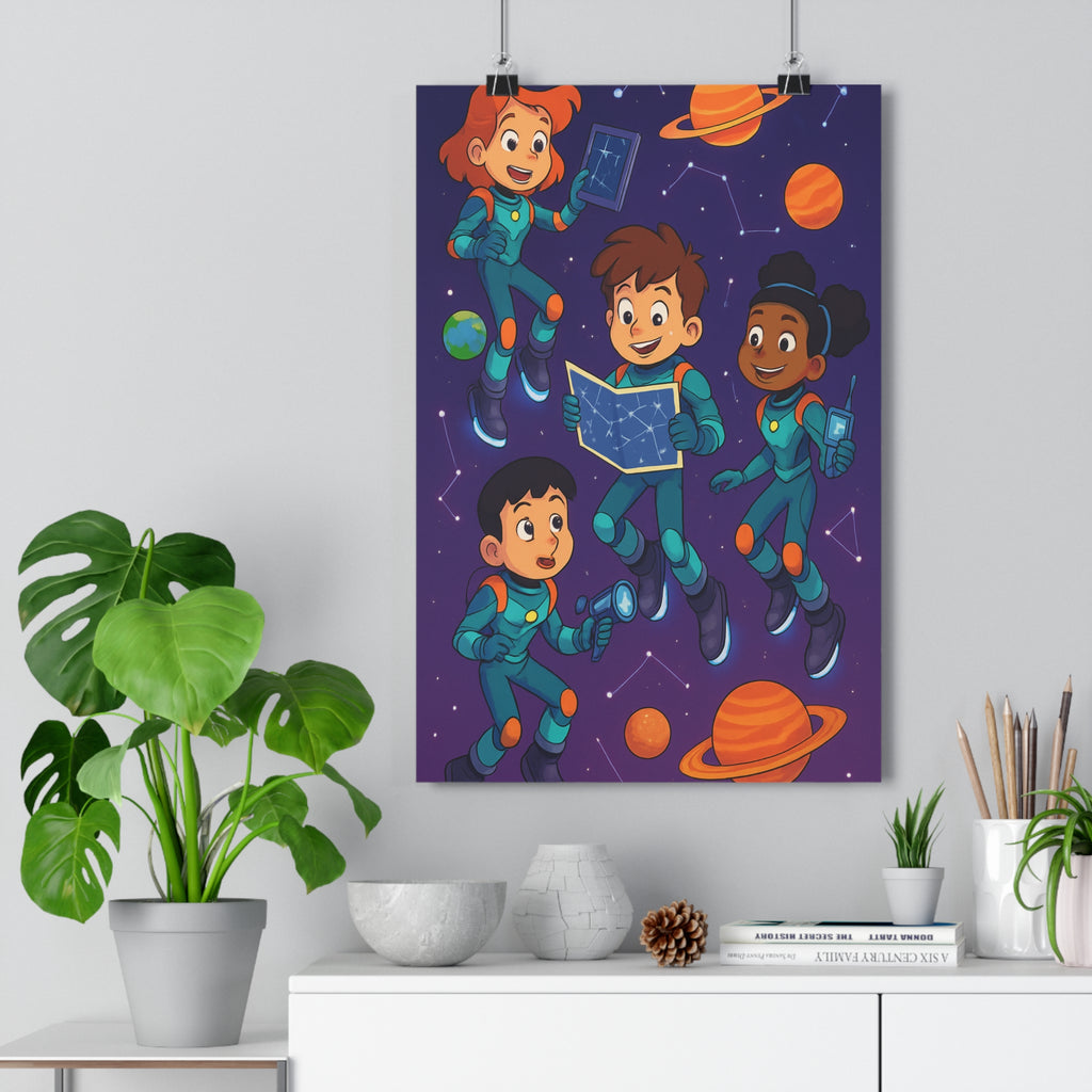 Poster décoratif enfants chambre bleu orange cartoon aventure cosmos joyeux ludique constellation exploration astres