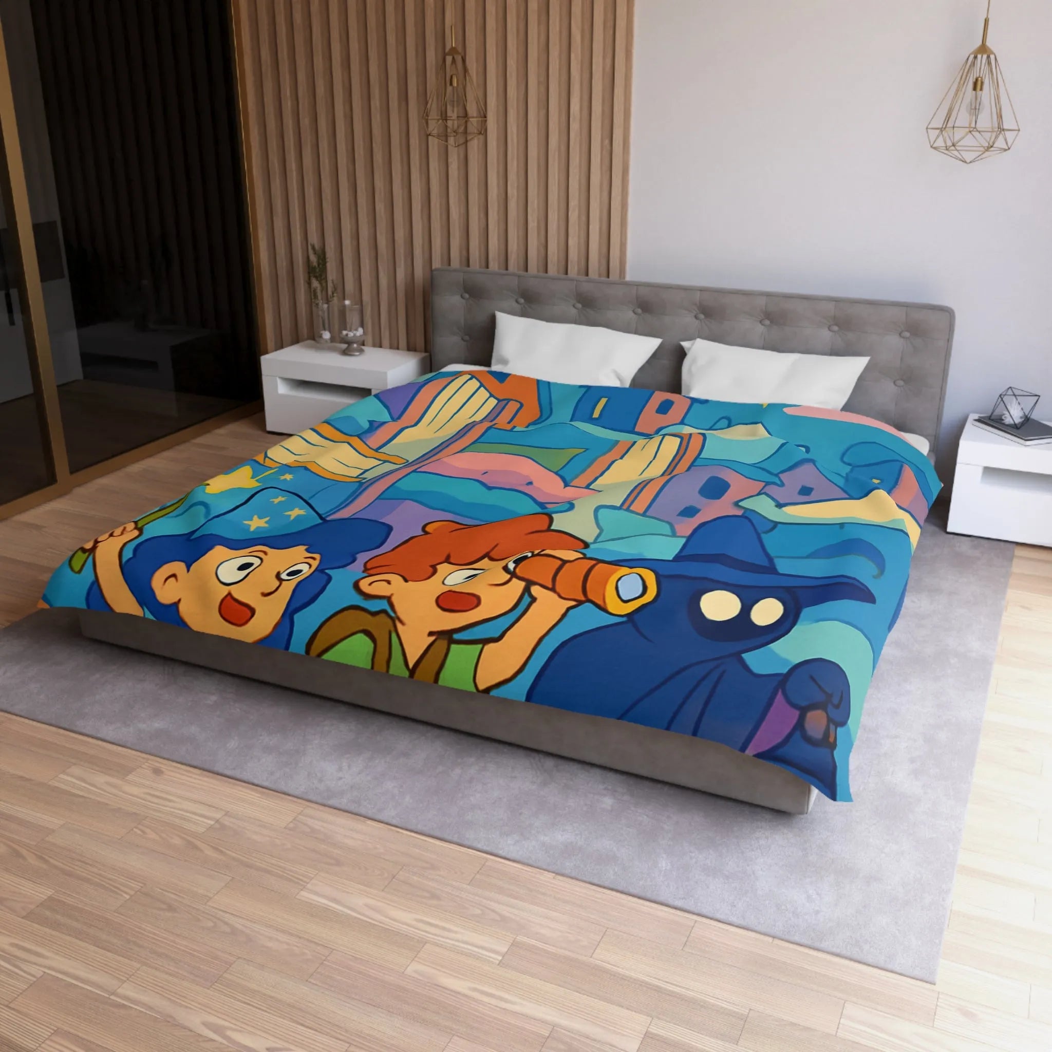 Housse de couette magique enfants avec illustration de sorcier, château et ciel étoilé