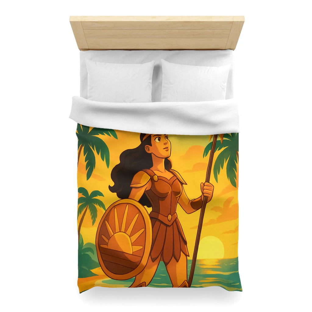 Housse de couette avec guerrière et aigle au coucher du soleil sur la plage