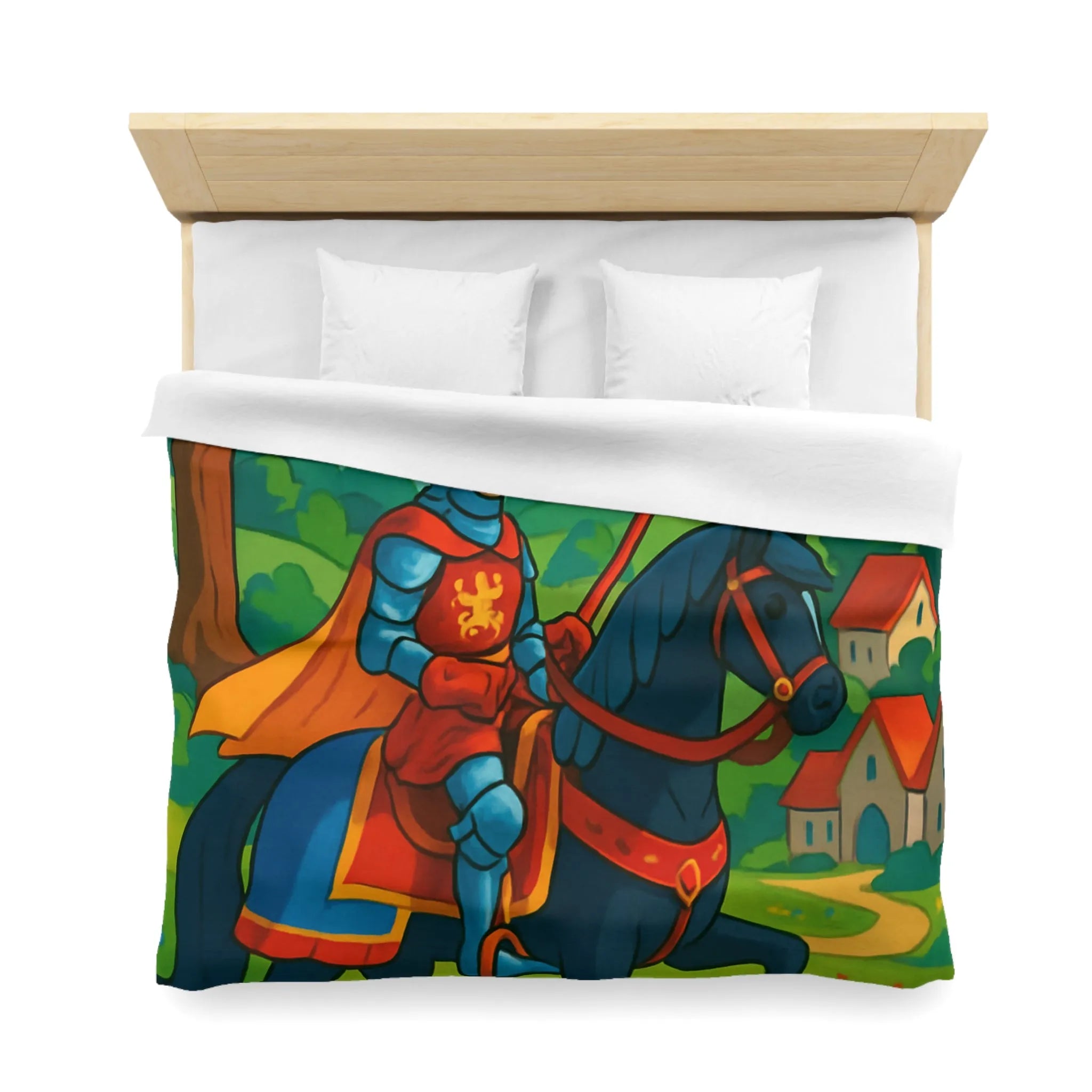 Housse de couette chevalier médiéval illustrée avec château et paysage floral vibrant