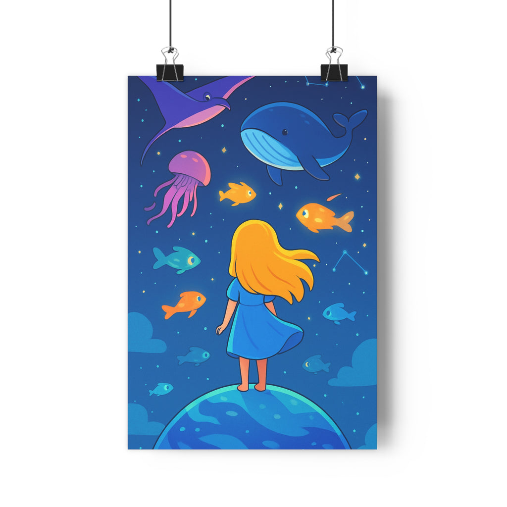 Poster décoratif féerique bleu violet lumineux enfant chambre magique planète animaux ciel étoilé qualité