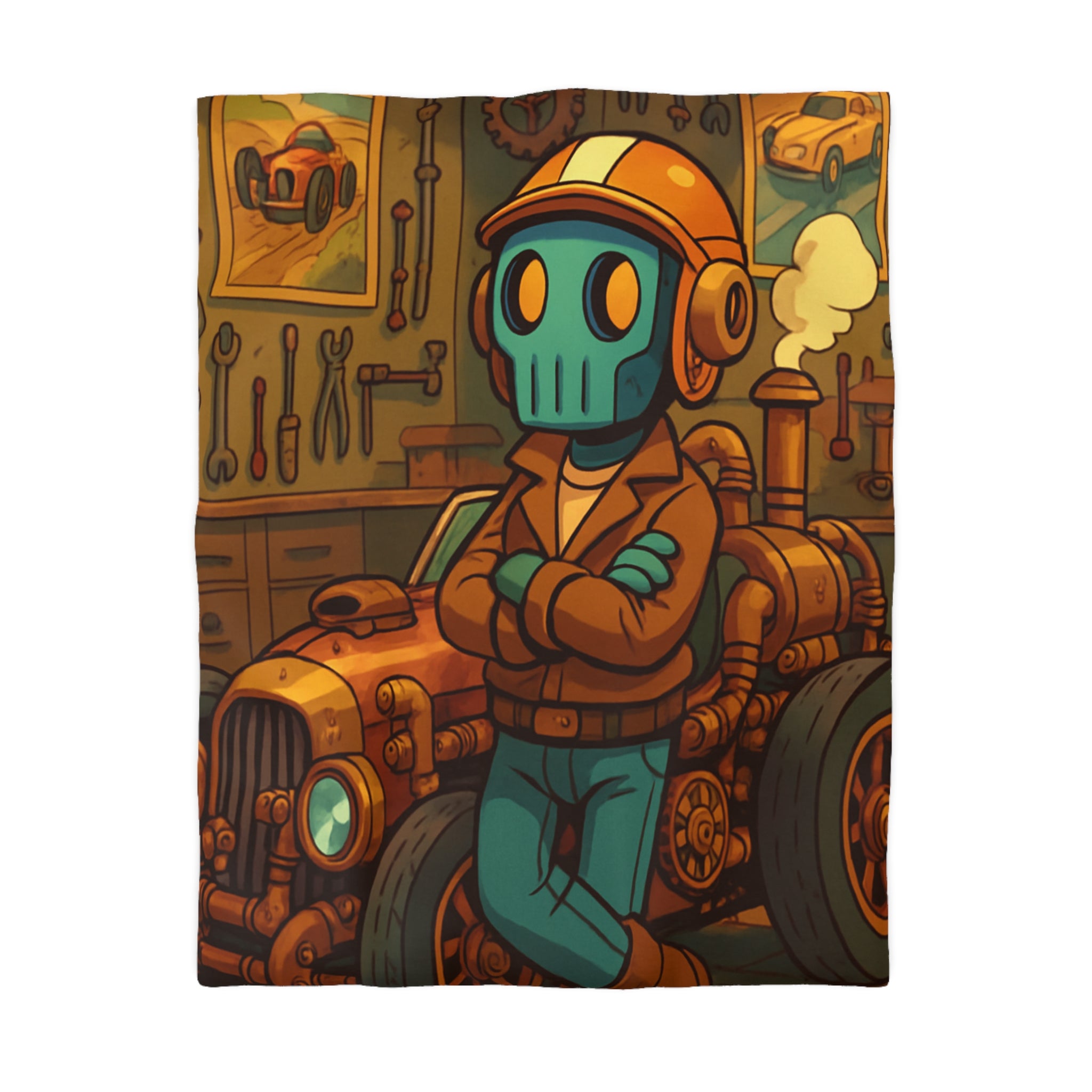 Housse de couette rétro steampunk avec voiture vintage et robot dans un atelier