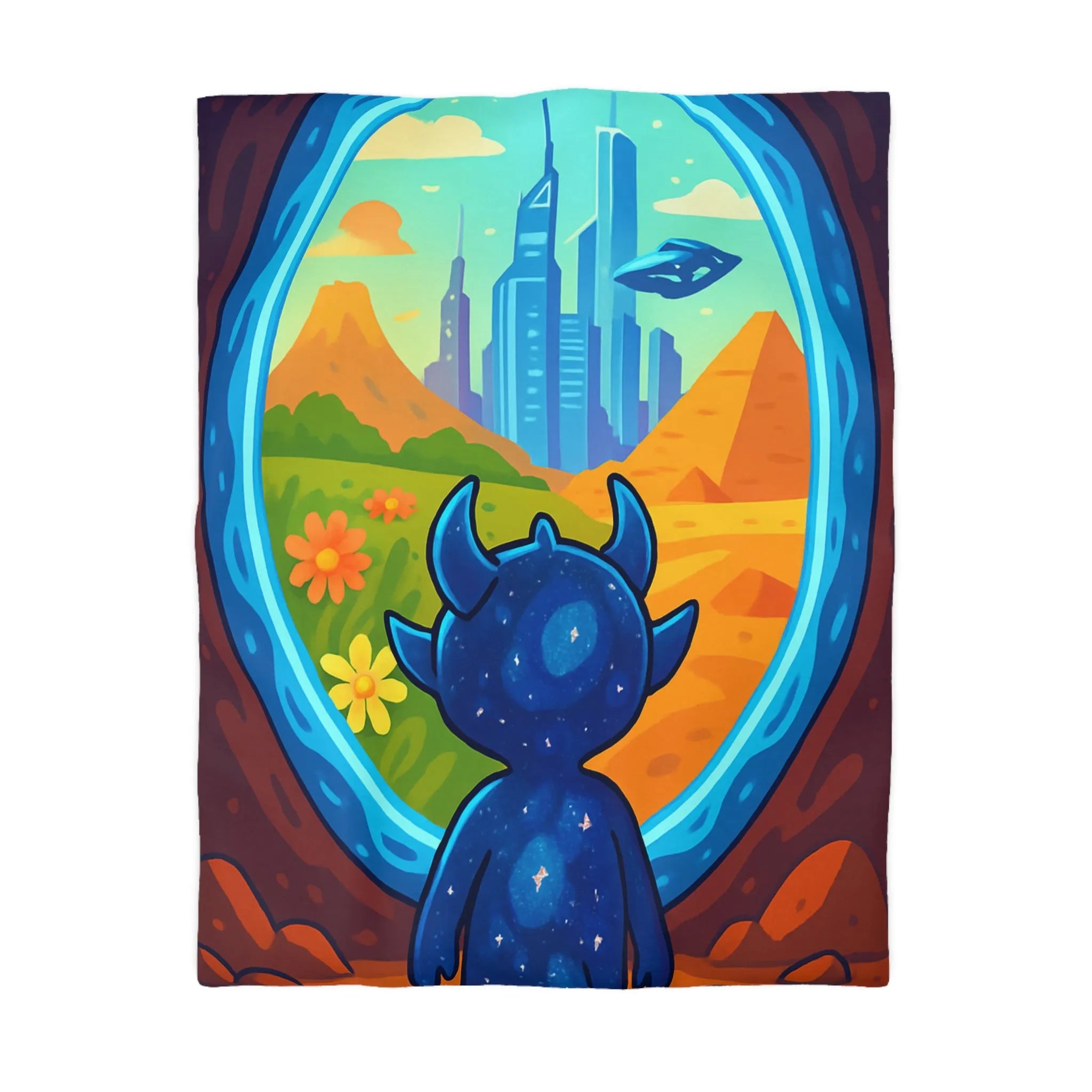 Housse de couette colorée avec créature cosmique et paysage futuriste magique