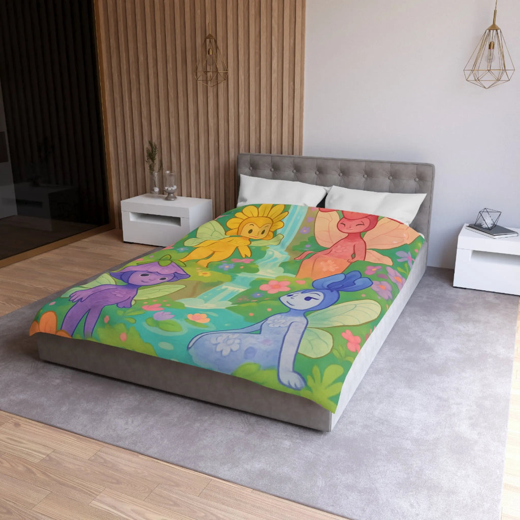 Housse de couette enchantée élégante avec fées colorées et cascade en arrière-plan
