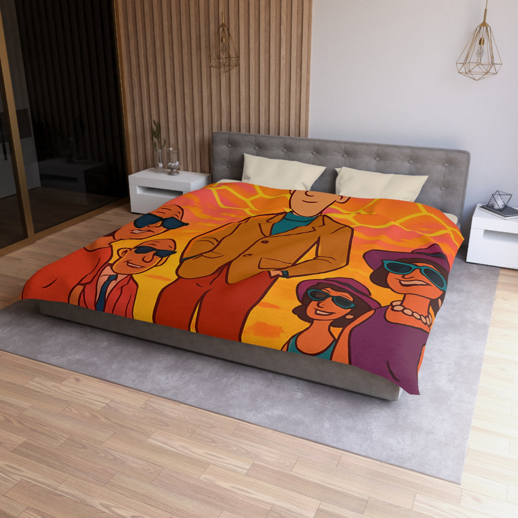 Motifs colorés hexagonaux vibrant avec personnages stylisés dans un paysage ensoleillé unique