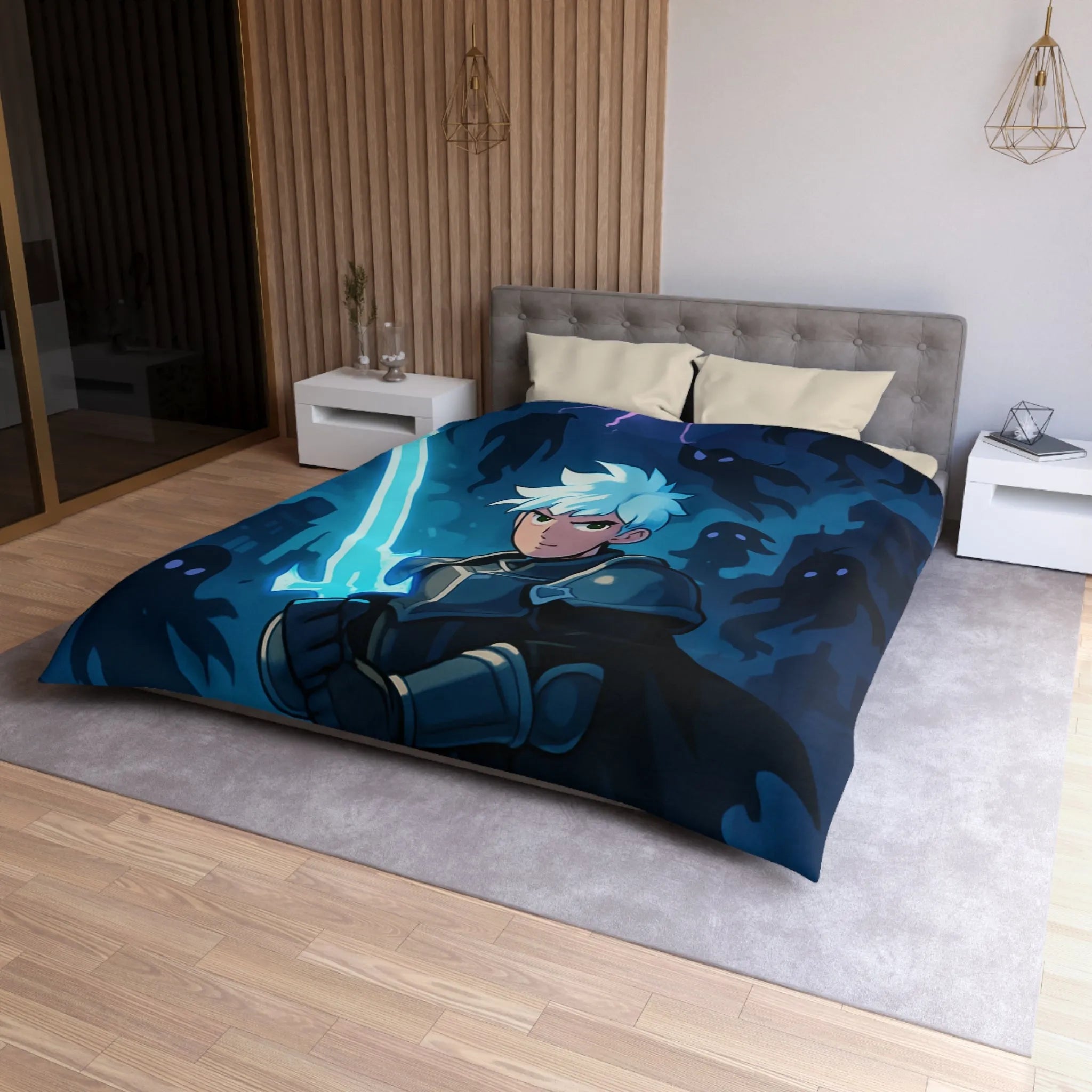 Housse de couette avec chevalier épique et créatures nocturnes sur fond de ville menaçante