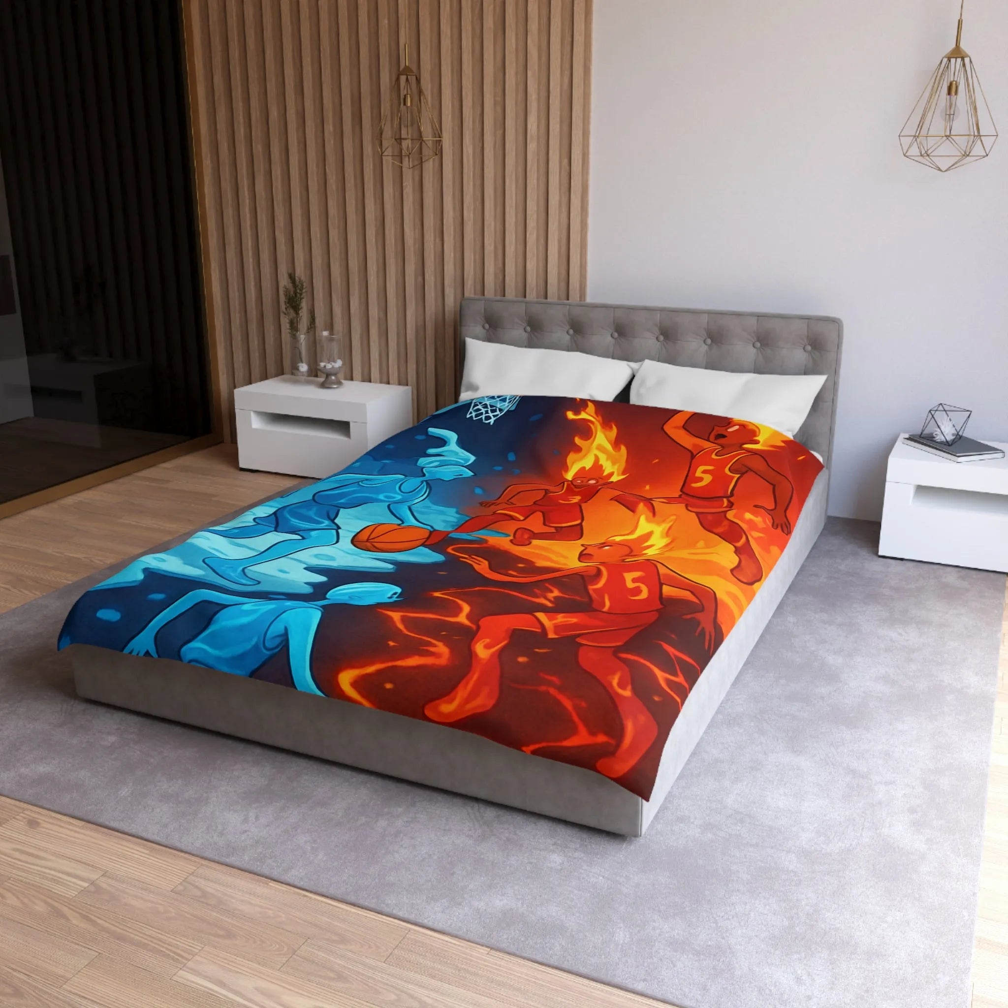 Housse de couette avec design artistique de basketball feu et glace spectaculaire