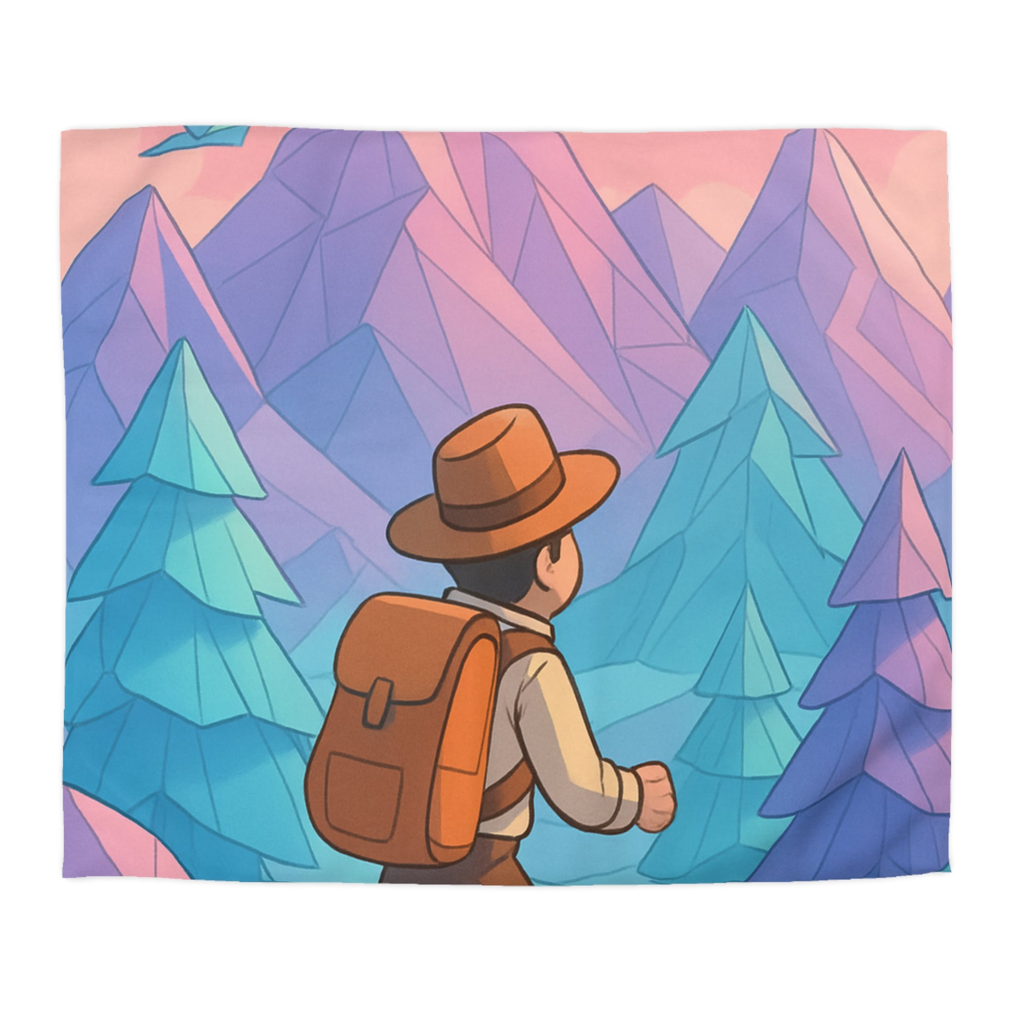 Housse de couette paysage montagnard pastel avec randonneur et oiseaux en origami