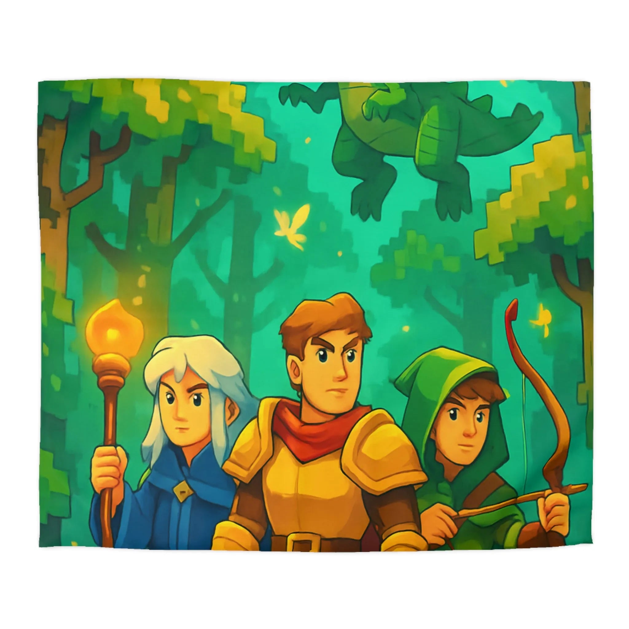 Housse de couette aventure forêt enchantée avec dragon, chevalier, mage et archer