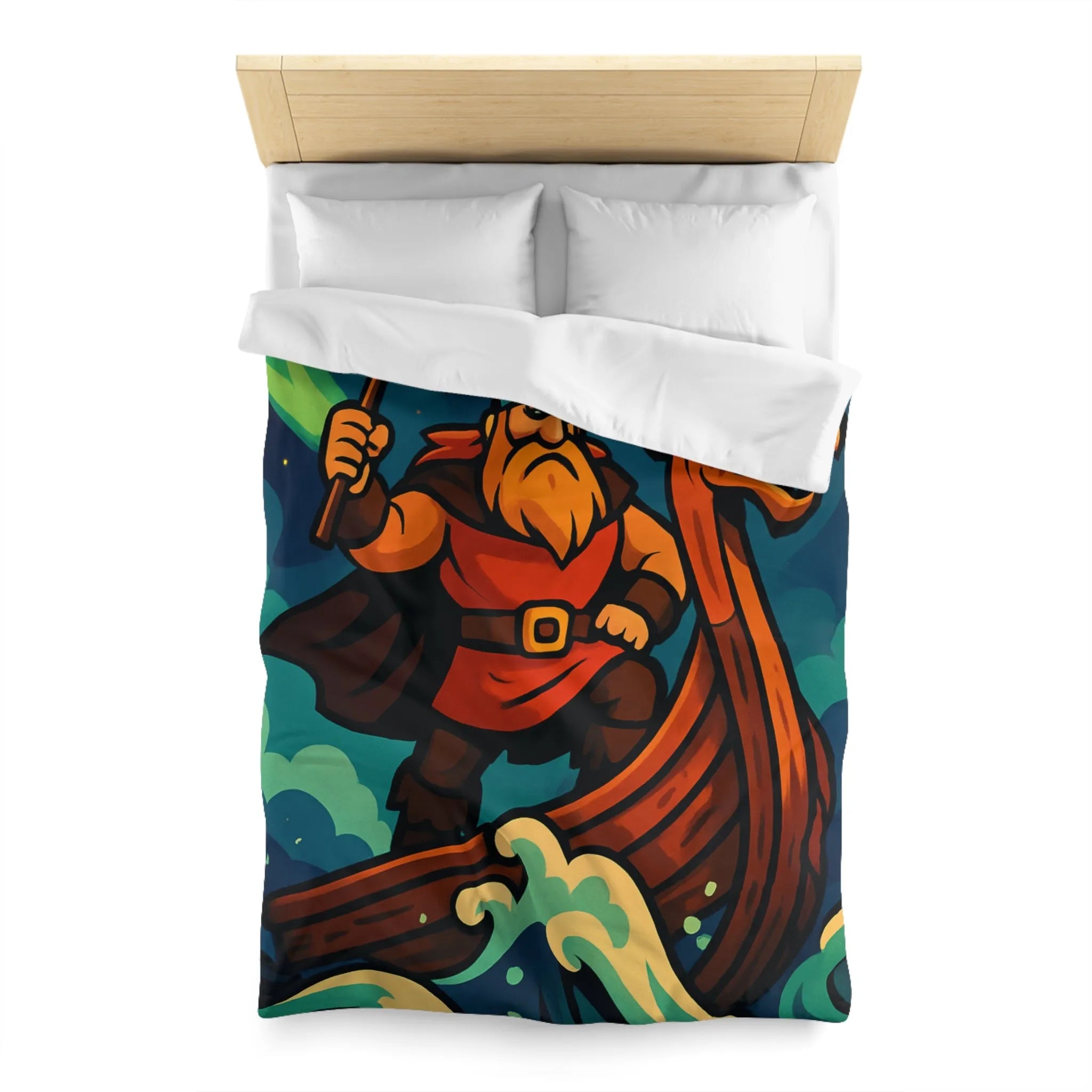 Housse de couette illustrée avec guerrier viking sur drakkar et aurores boréales