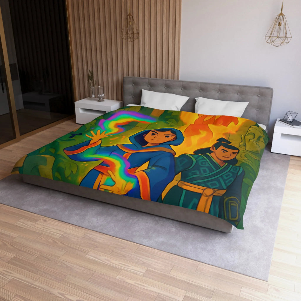 Housse de couette magique colorée : aventure mystique avec personnages énigmatiques et feu flamboyant