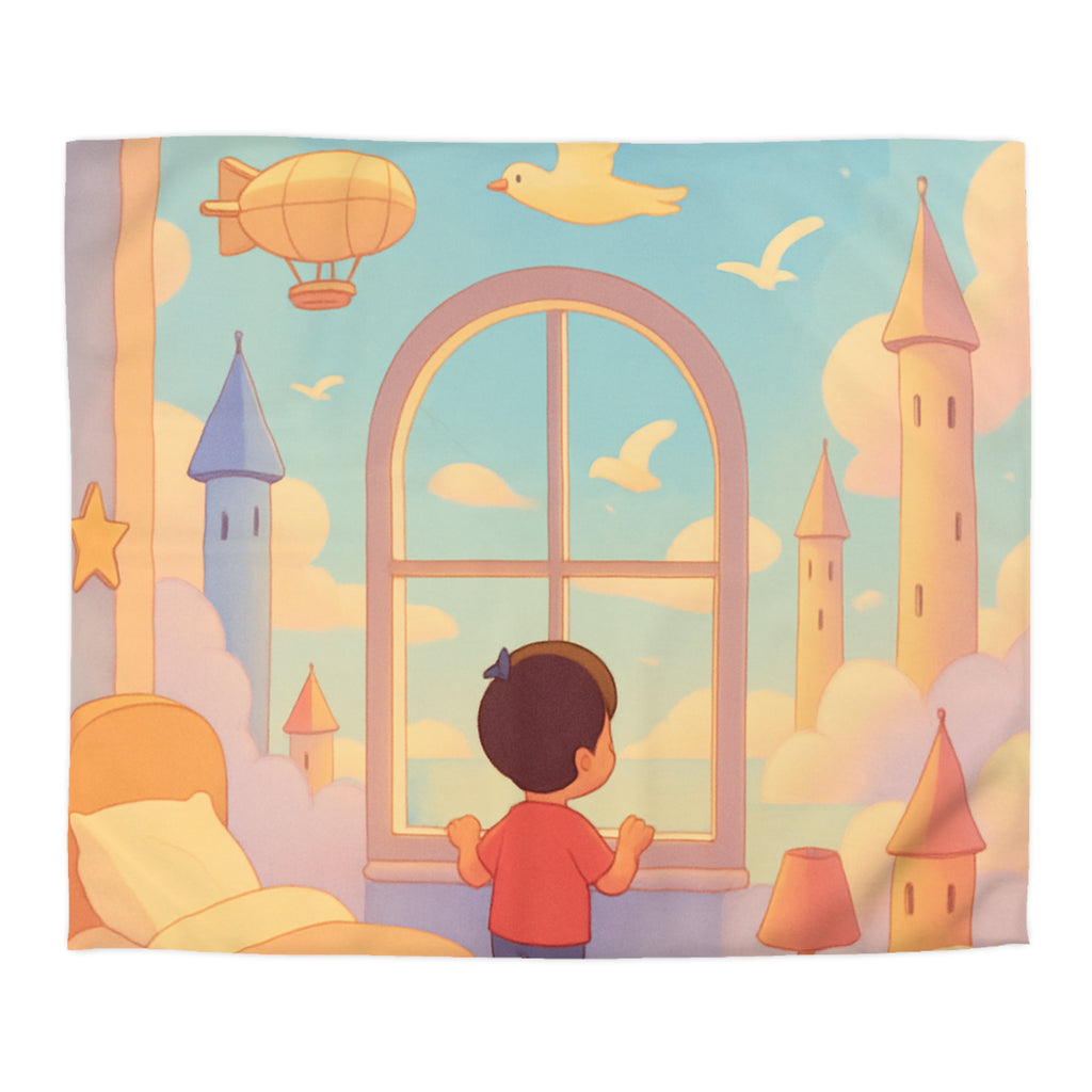 Housse de couette rêveuse enfantine avec nuages, dirigeables et oiseaux volants paisibles