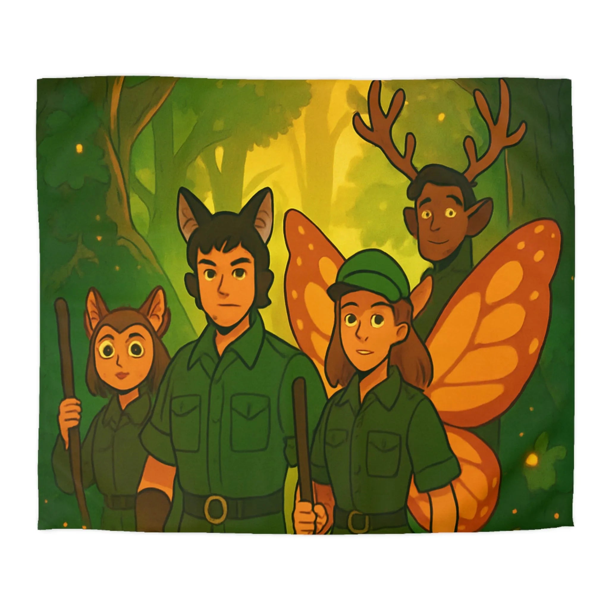 Housse de couette féerique avec gardiens de forêt, animaux magiques, ambiance verte et lumineuse