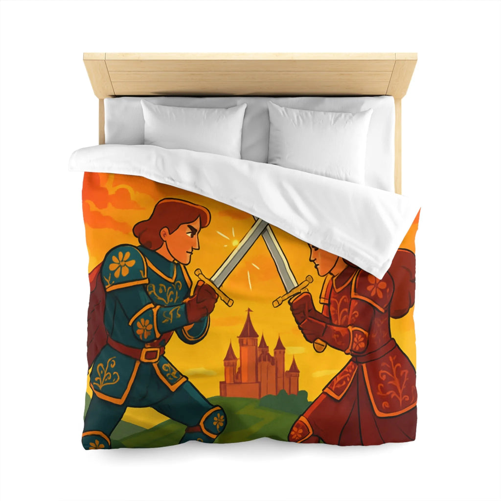 Épique housse de couette avec chevaliers médiévaux, châteaux et ciel flamboyant