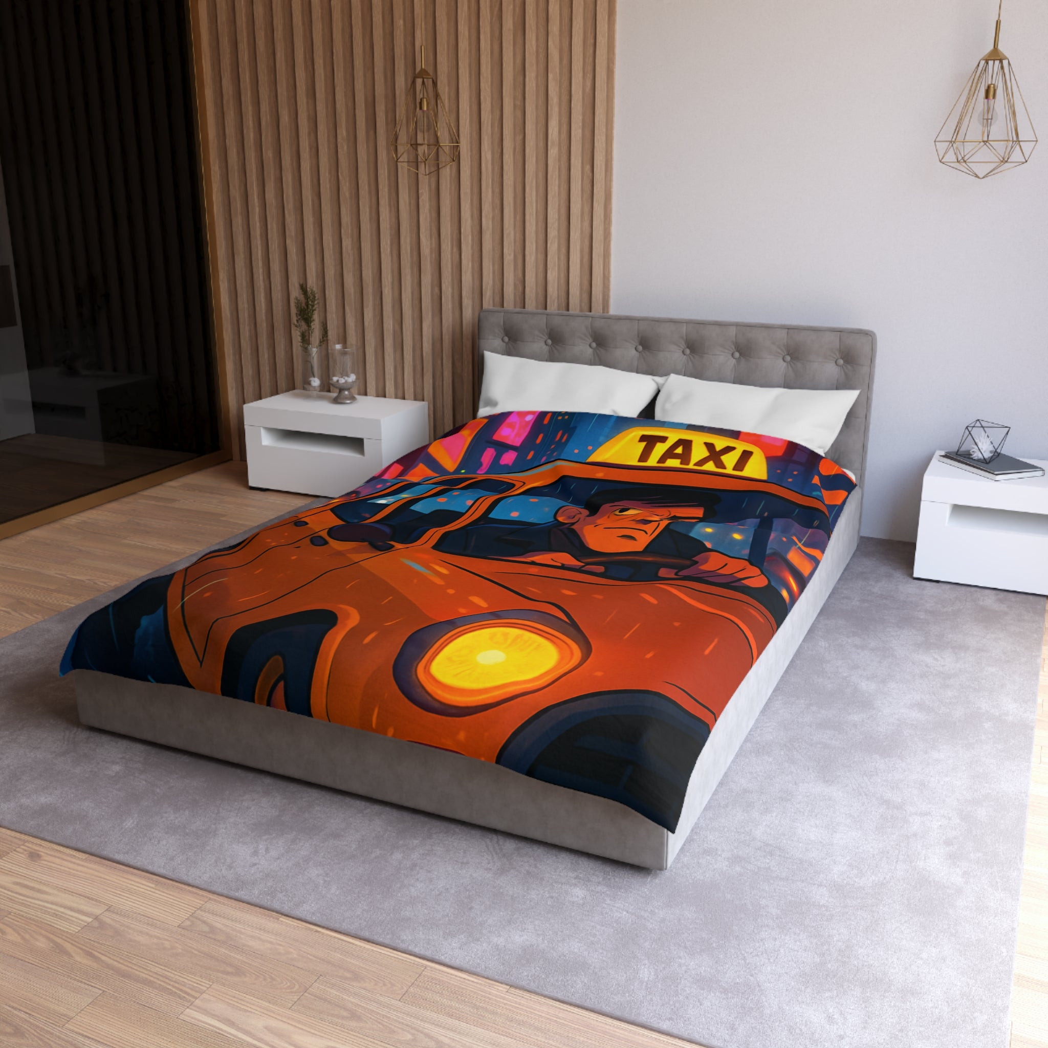 Illustration Nocturne Métropole avec Chauffeur de Taxi sous Pluie pour Housse de Couette