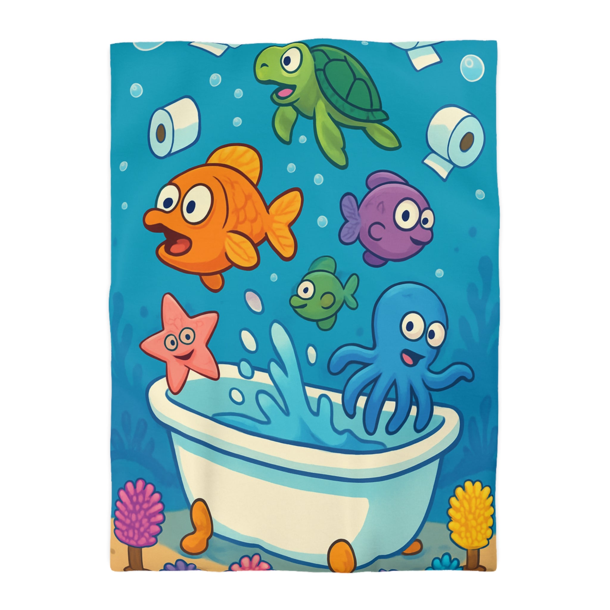 Housse de couette vibrante avec animaux marins humoristiques jouant dans une baignoire colorée