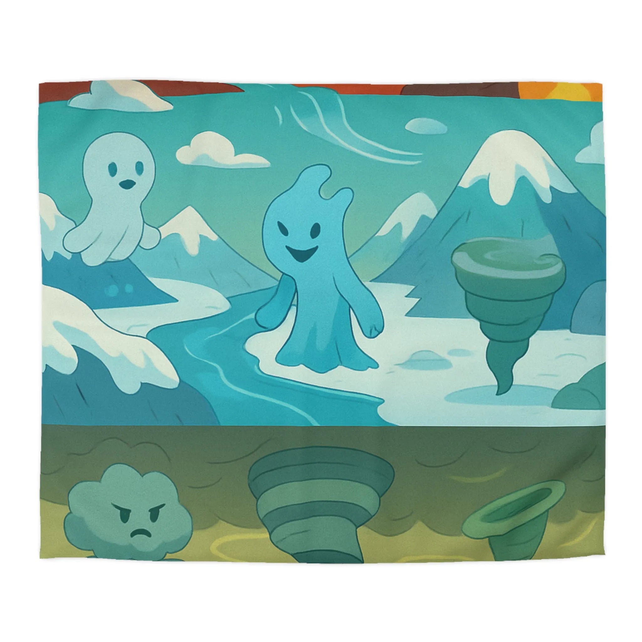 Housse de couette illustrant esprits élémentaires dans des paysages fantastiques vibrants et colorés