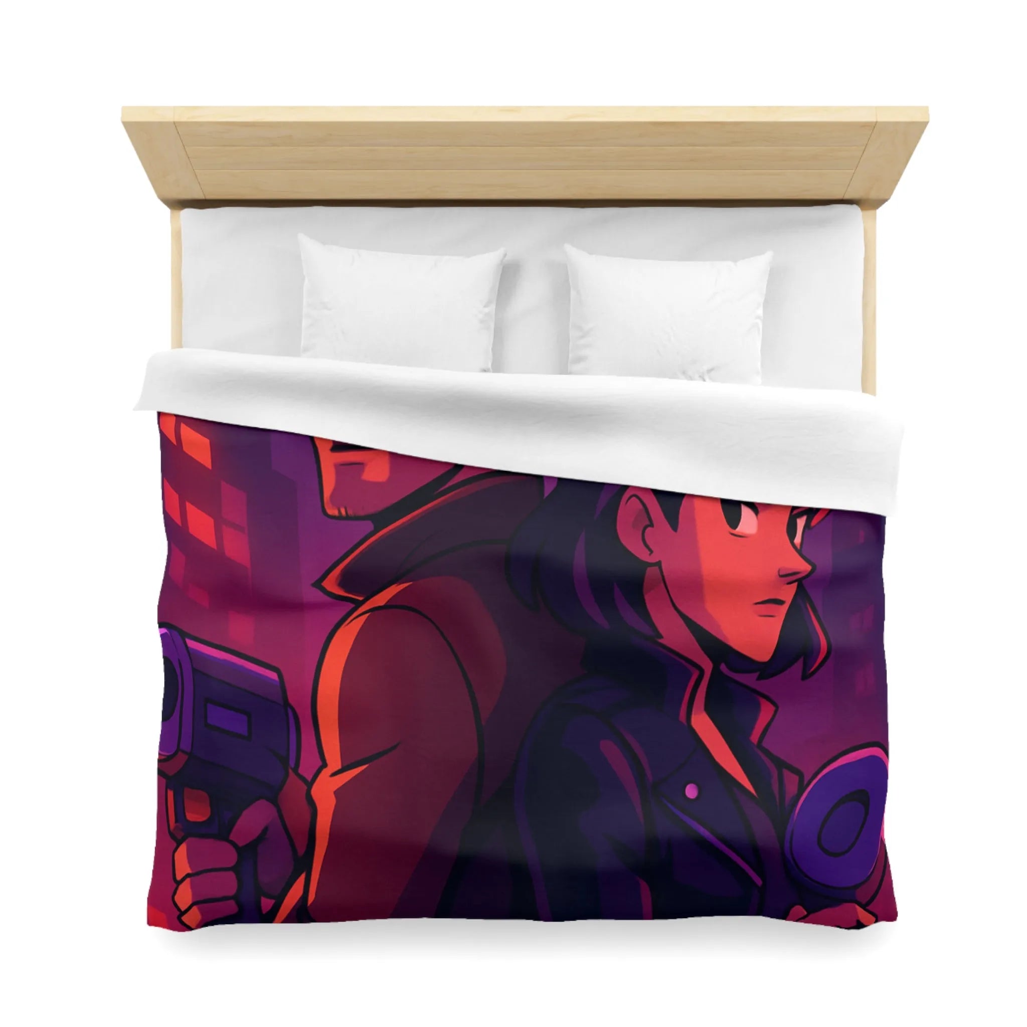 Housse de couette aventure urbaine avec duo de détectives dans néons lumineux