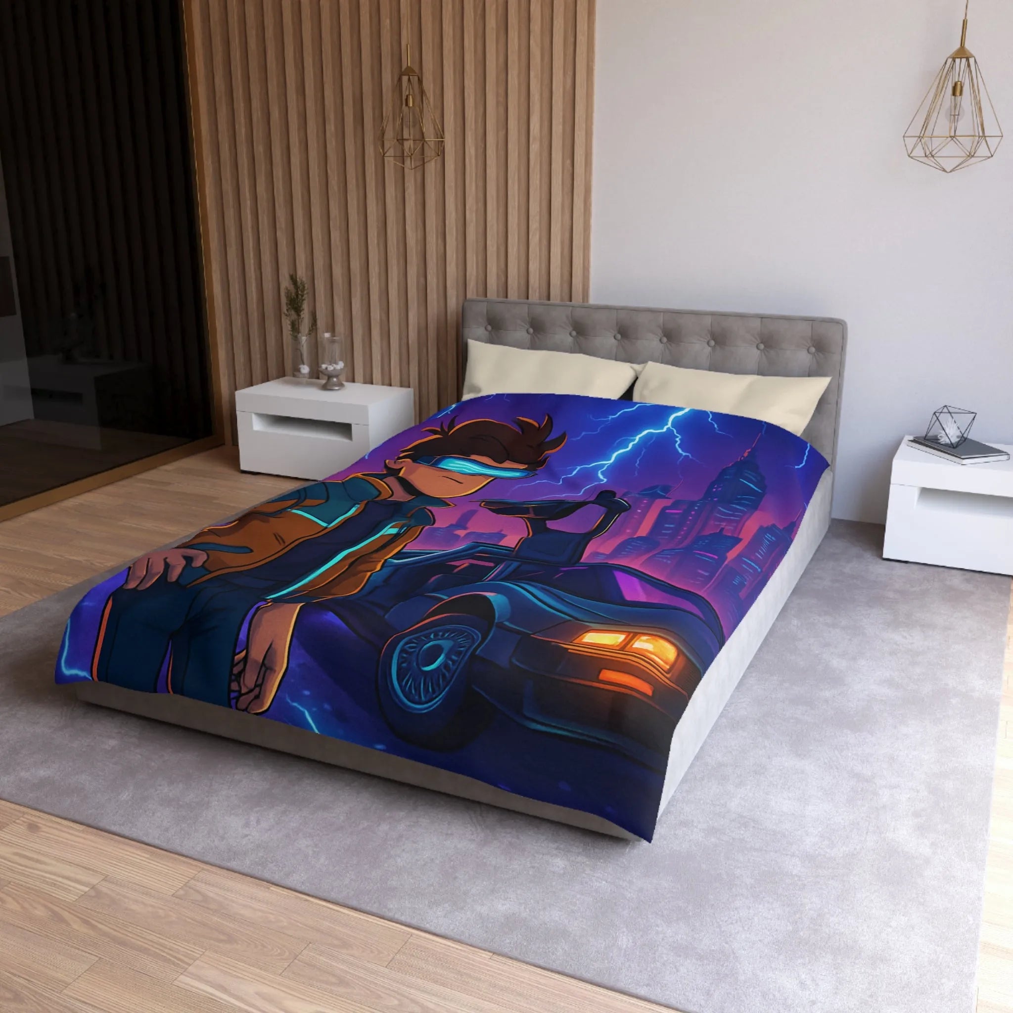 Housse de Couette Futuriste Style Rétro avec Éclair, Voiture et Jeune Garçon Aventureux
