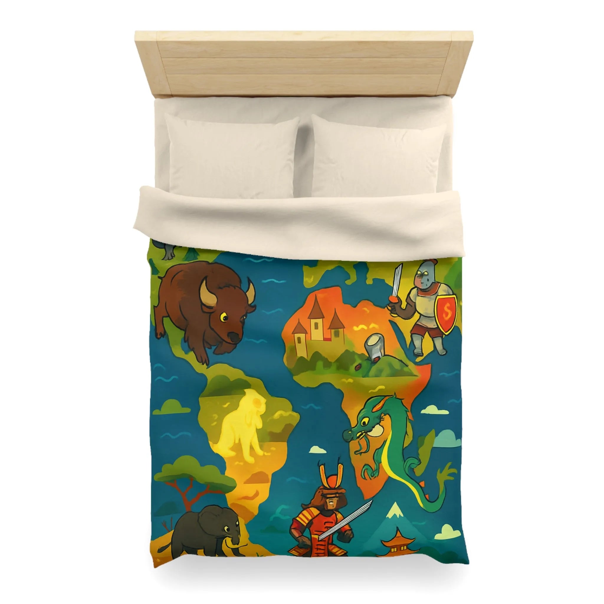 Housse de couette épique avec dragons, samouraïs et créatures légendaires au style coloré.