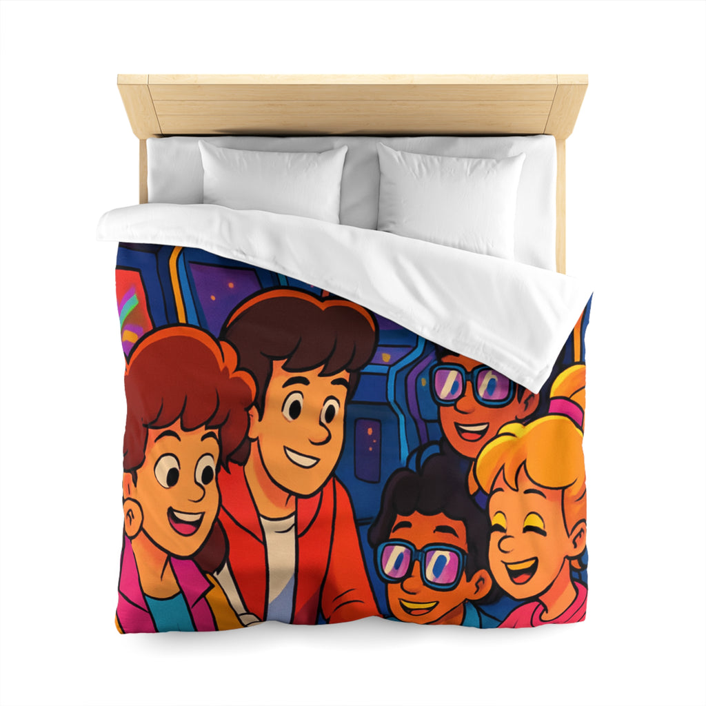 Housse de couette vibrante années 80 avec motifs arcades et ambiance rétro lumineuse